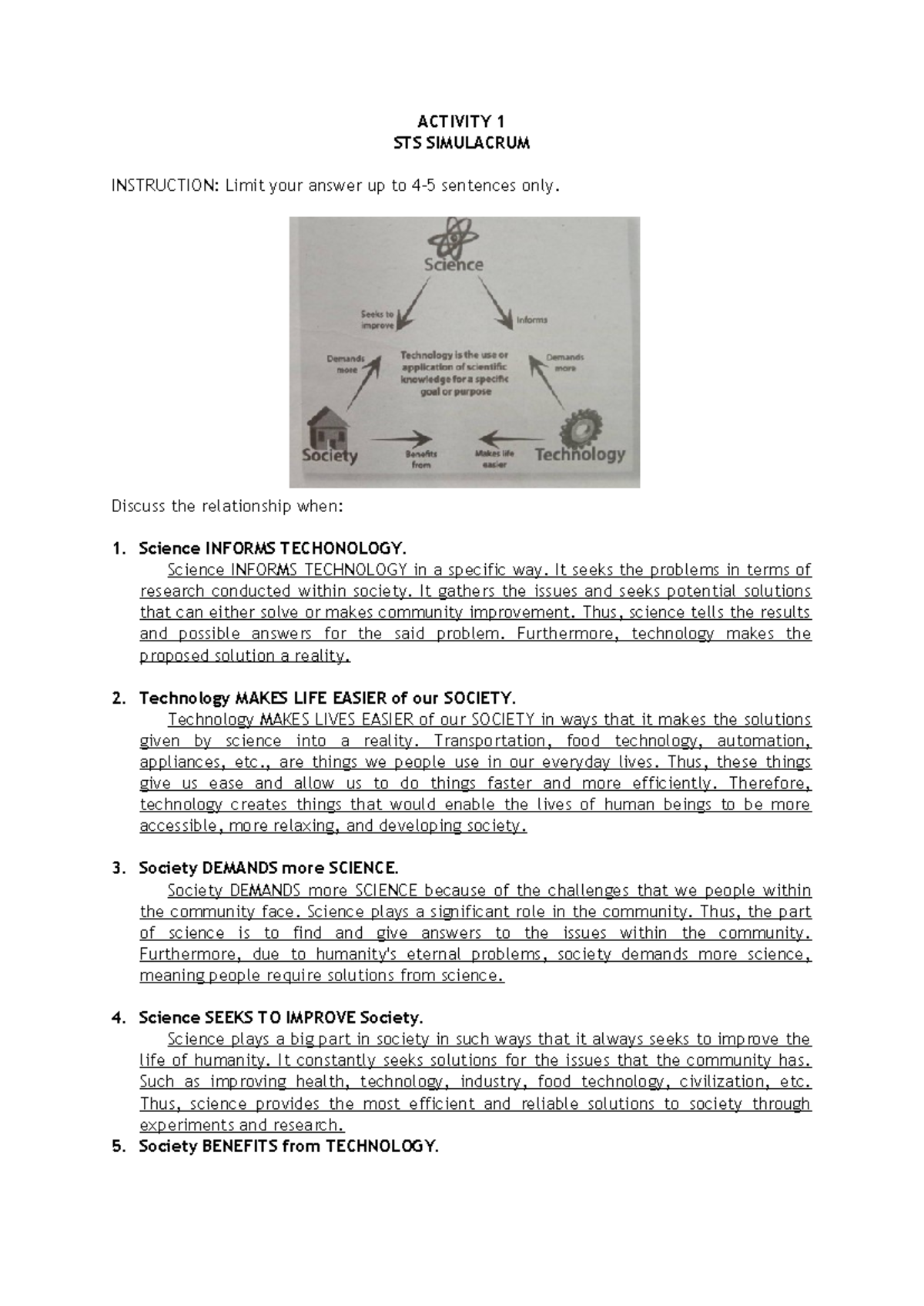 Science Technology and Society - ACTIVITY 1 STS SIMULACRUM INSTRUCTION ...