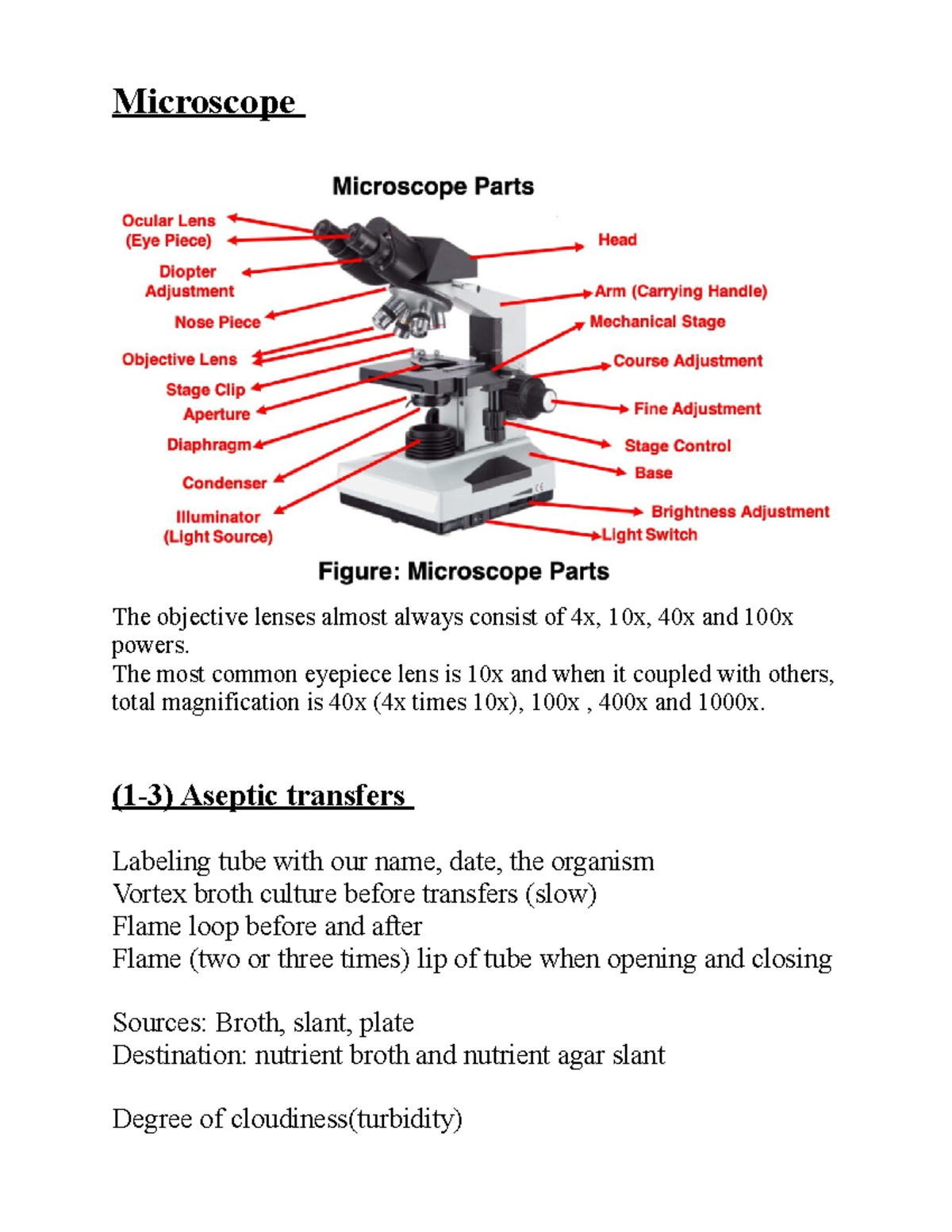Review Microscope The objective lenses almost always consist of 4x, 10x, 40x and 100x powers