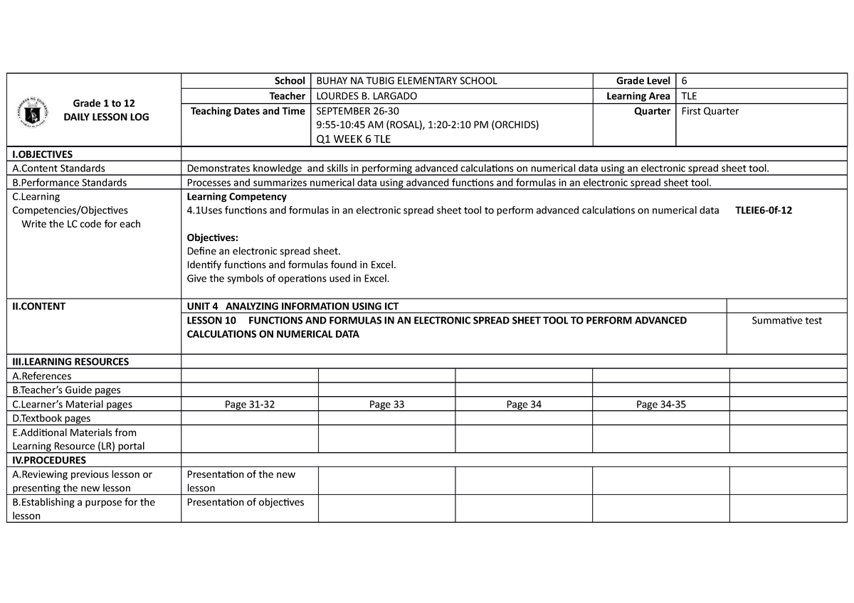 DLL TLE ICT WEEK 6 Q1 G6 - Grade 1 To 12 DAILY LESSON LOG School BUHAY ...