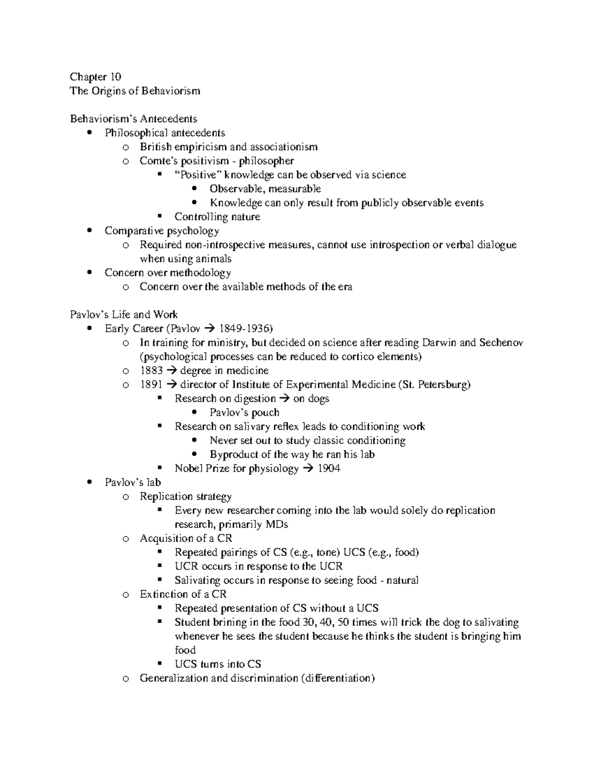 Chapter 10 Notes - Chapter 10 The Origins of Behaviorism Behaviorism’s ...