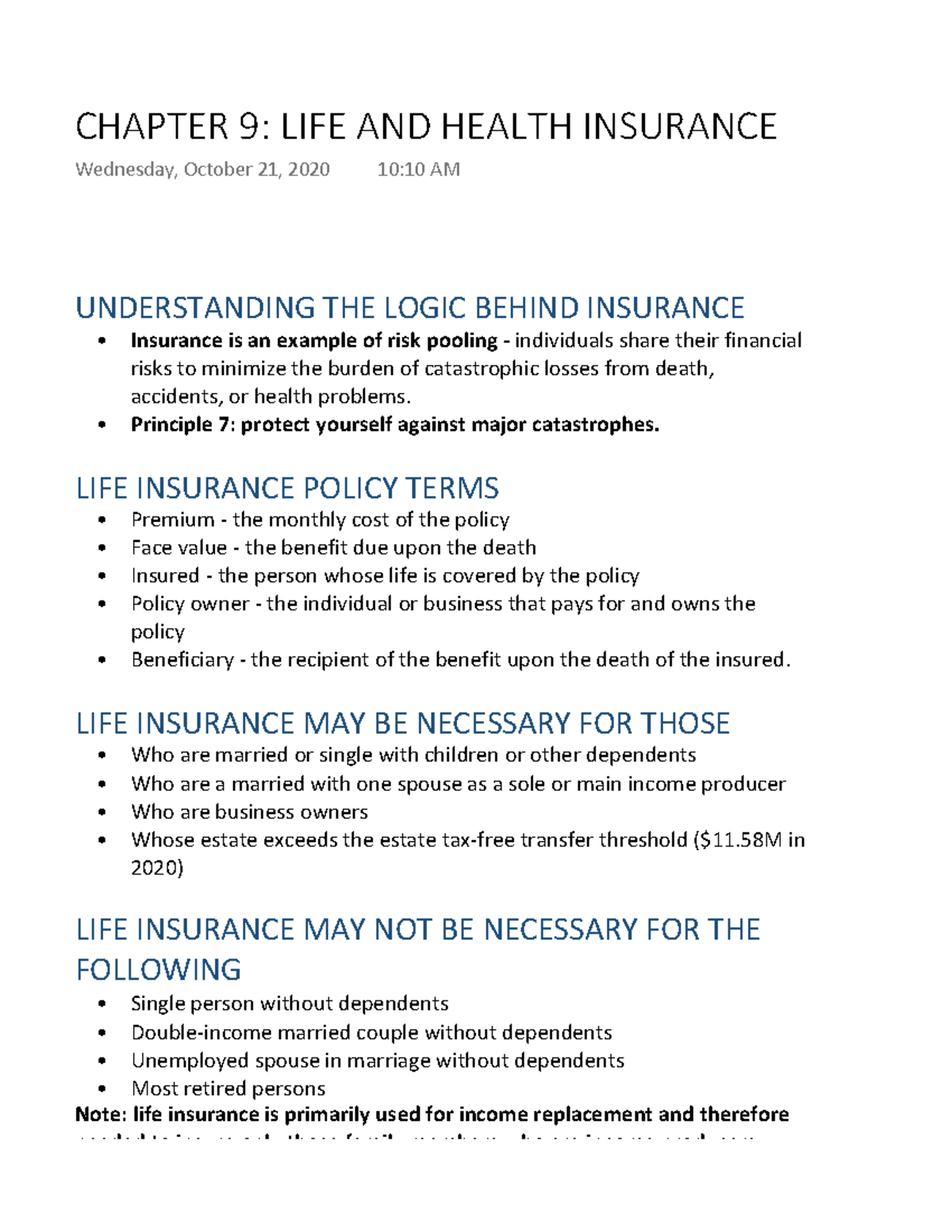 Chapter 9 LIFE AND Health Insurance - UNDERSTANDING THE LOGIC