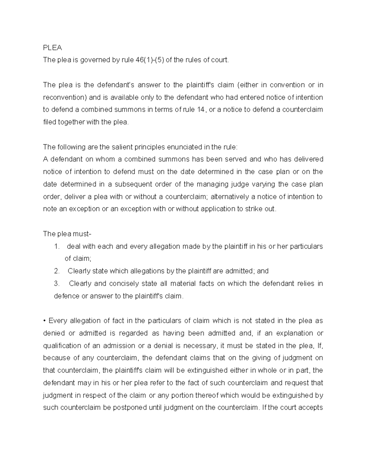 PLEA Summary bachelors of law PLEA The plea is governed by rule 46(1)(5) of the rules of