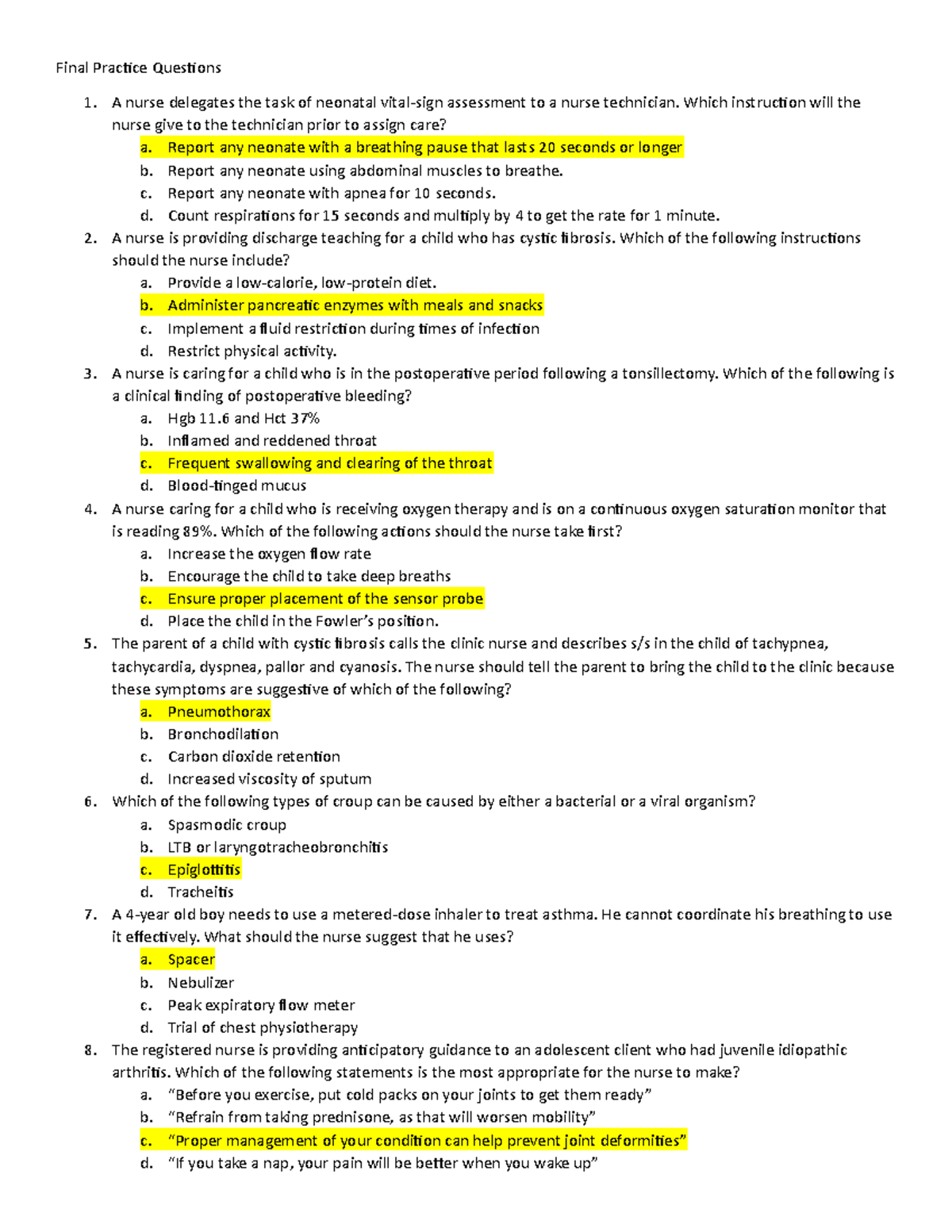 Final Practice Questions N307 With answers copy - Final Practice ...