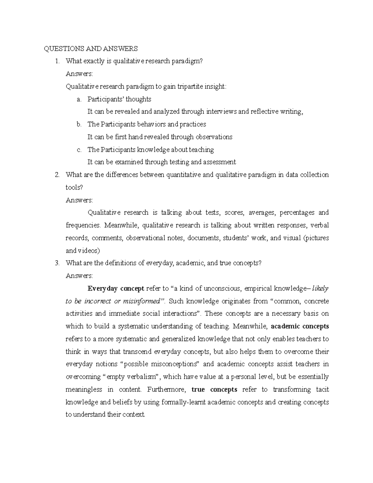 Quantitative and qualitative paradigm QUESTIONS AND ANSWERS What