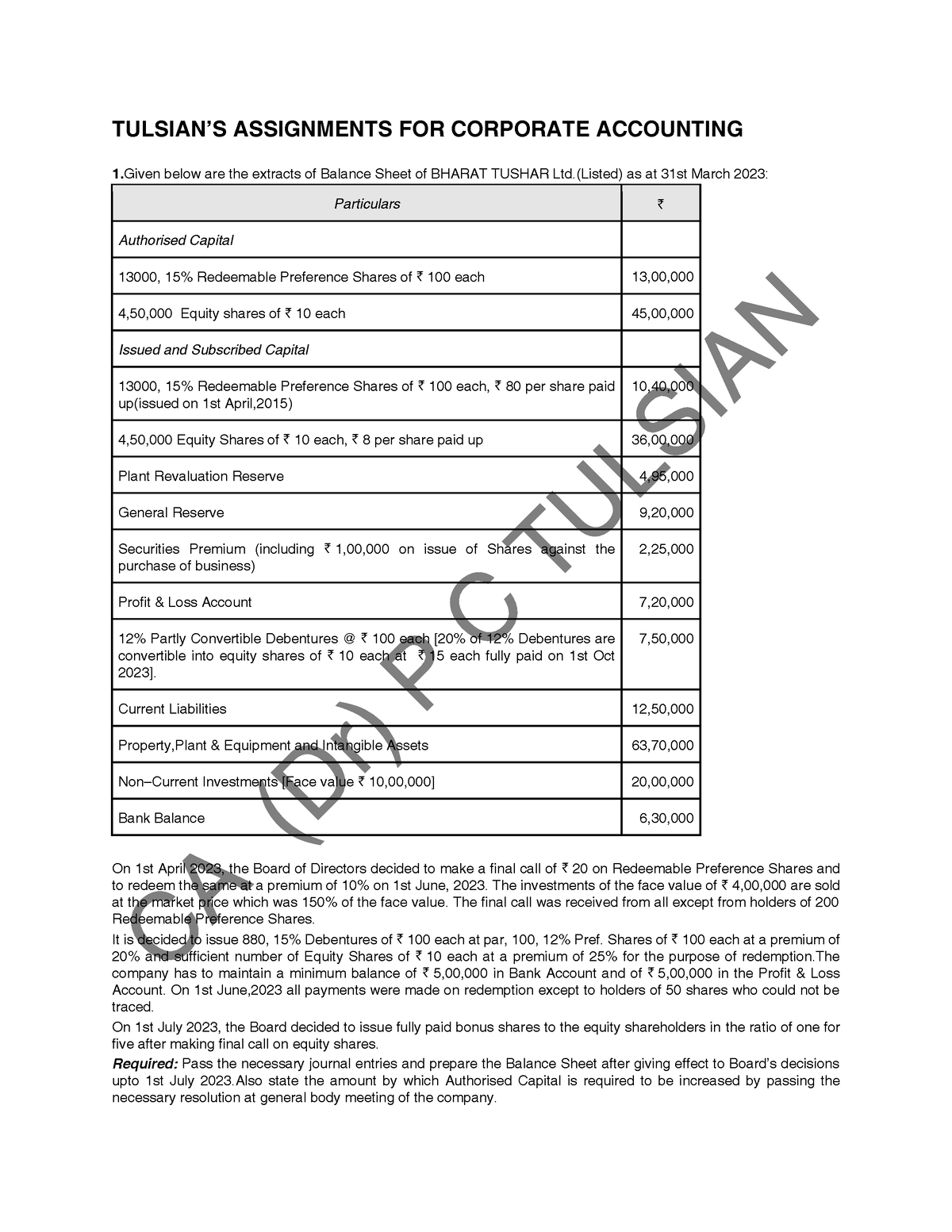 Tulsian'S Assignments FOR Corporate Accounting - TULSIAN’S ASSIGNMENTS ...