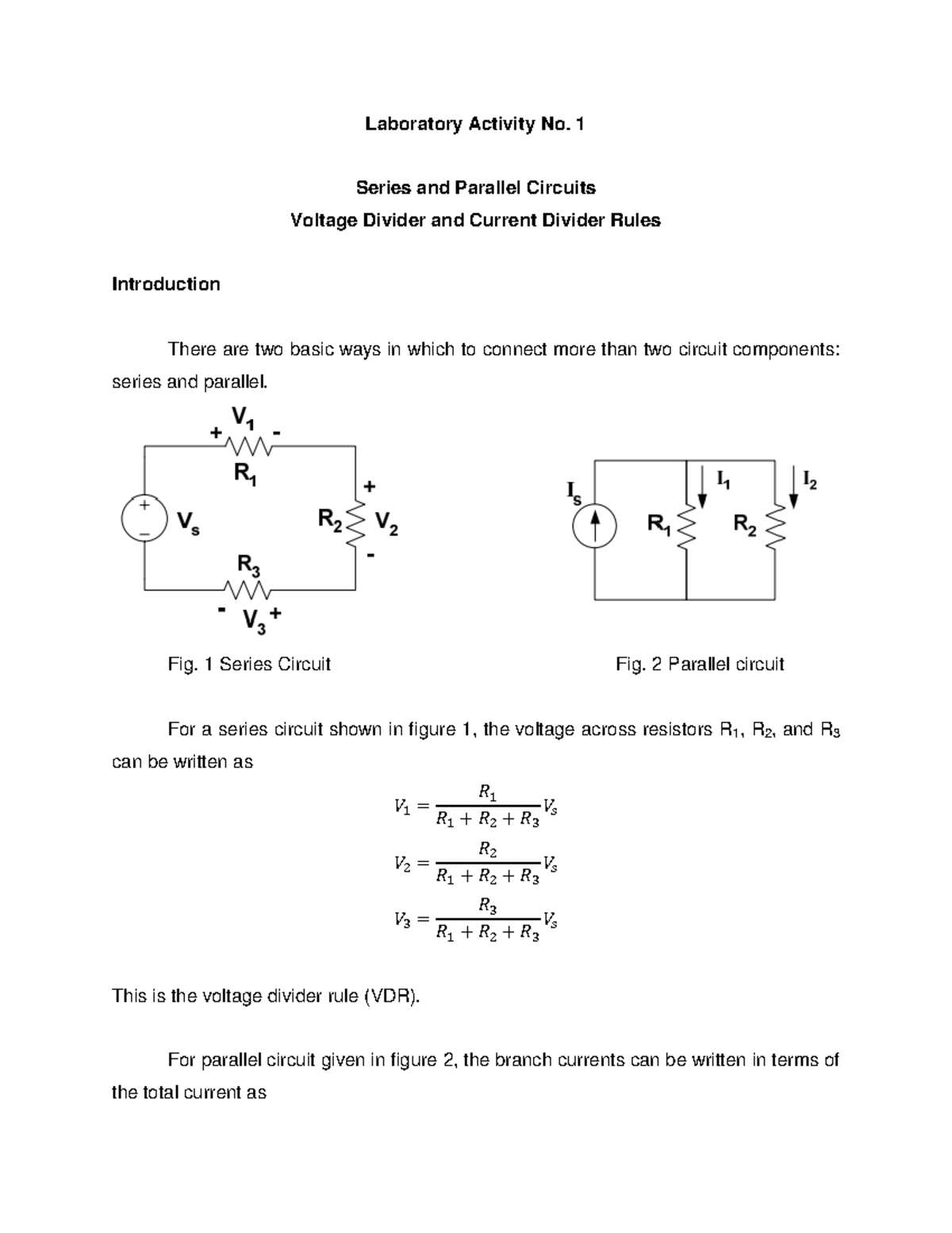 Laboratory Activity No 2. Series and Parallel Circuits Voltage Divider