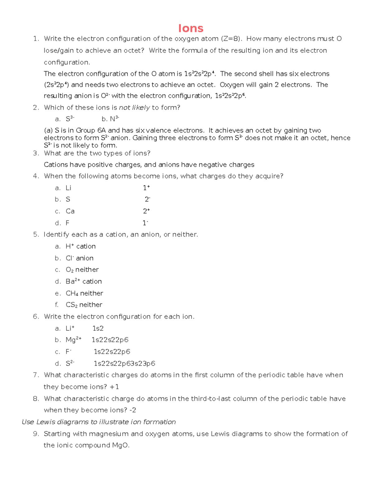 Section 3.2 Worksheet - class practice assignment - Ions Write the ...