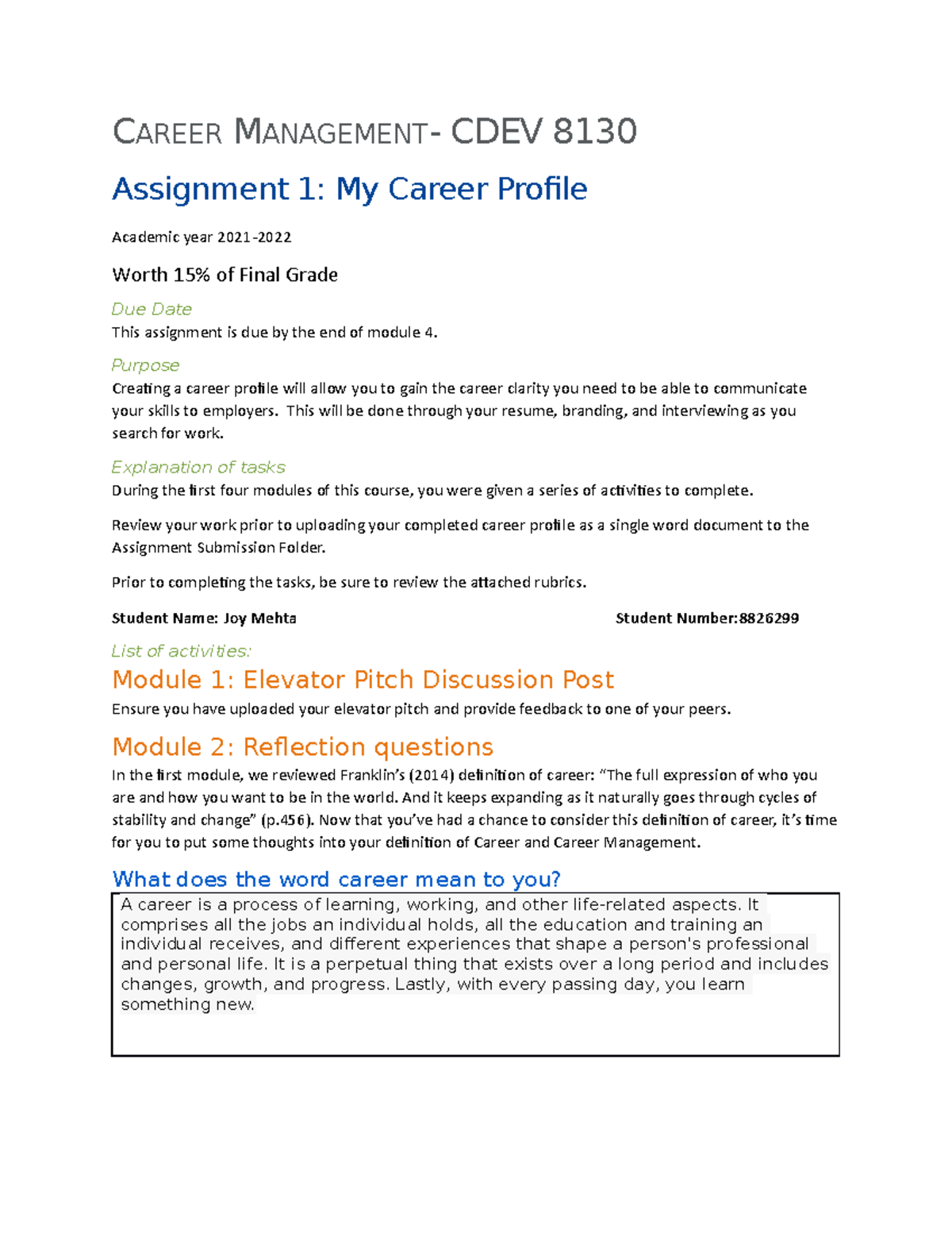 CDEV8130 Career Management Assignment 1 My Career Profile- Joy Mehta ...