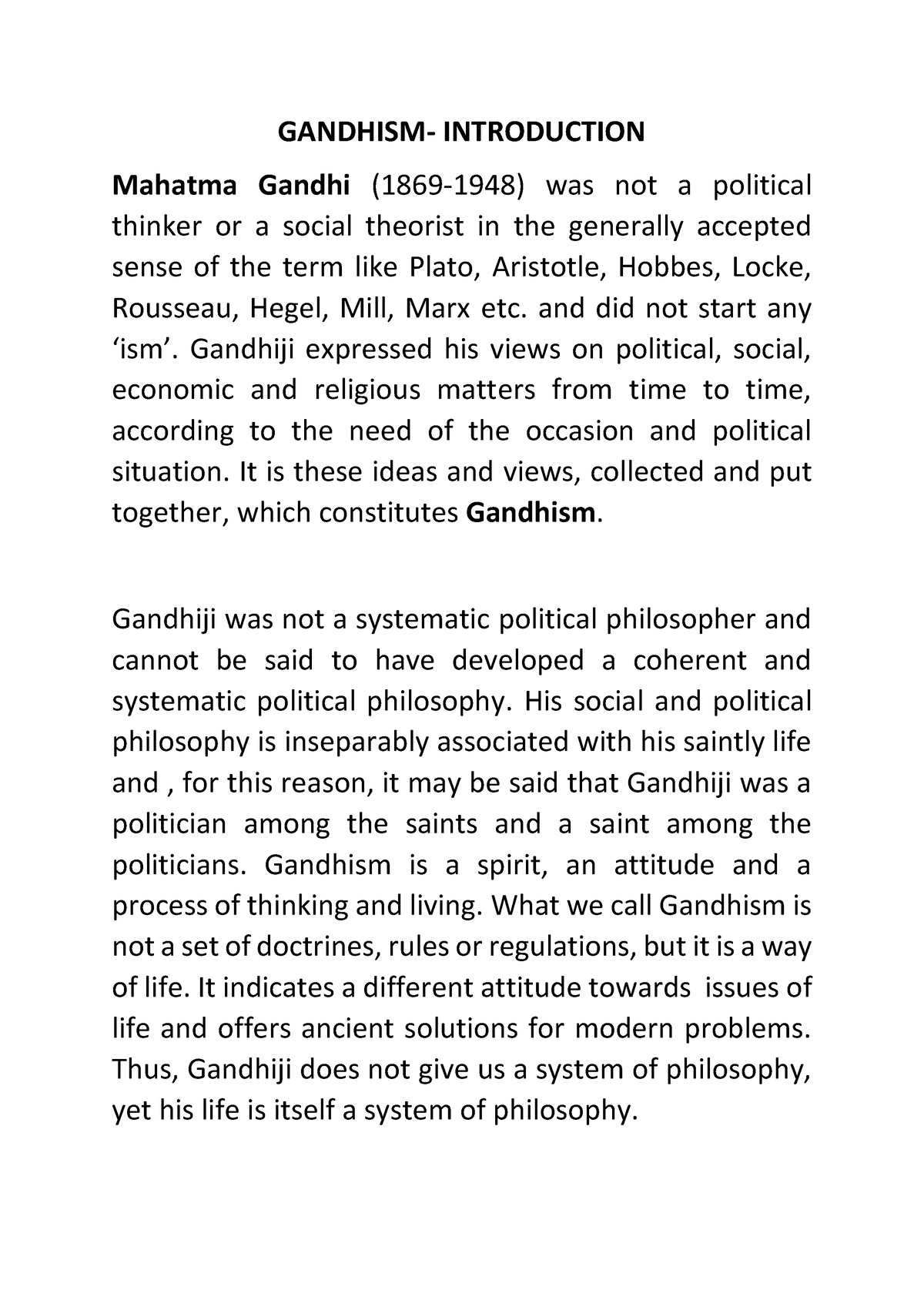 Introduction To Gandhism - GANDHISM- INTRODUCTION Mahatma Gandhi (1869 ...