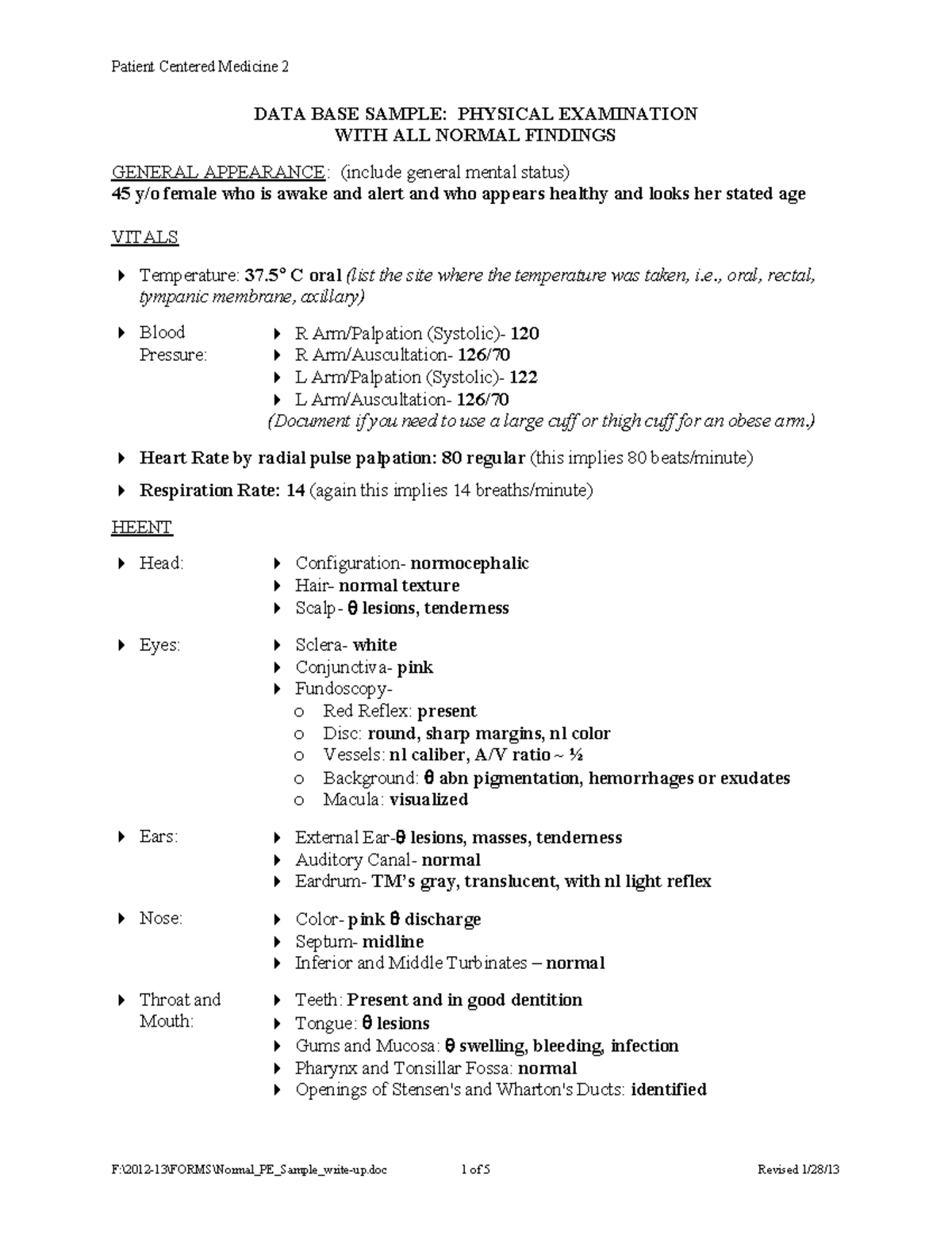 Comprehensive normal physical examination Database sample DATA BASE