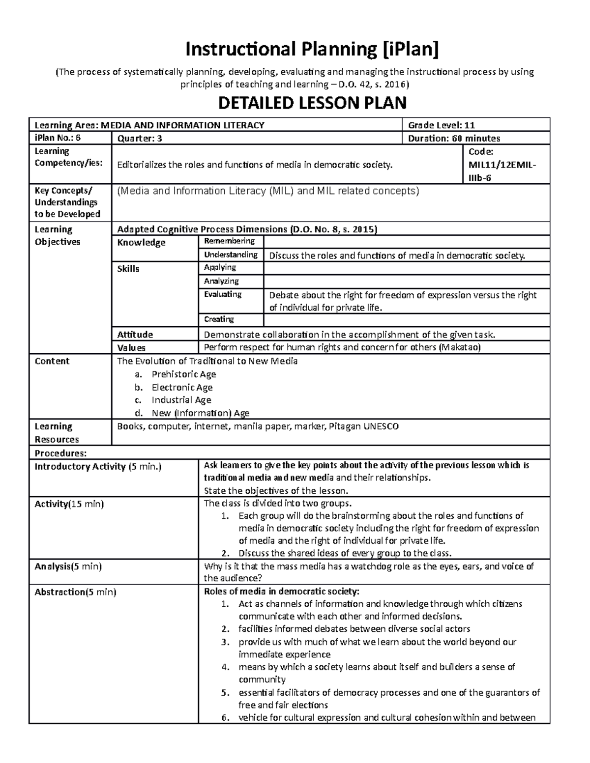 MILQ3 LC6 - Media and Informatio Literacy - Instructional Planning ...