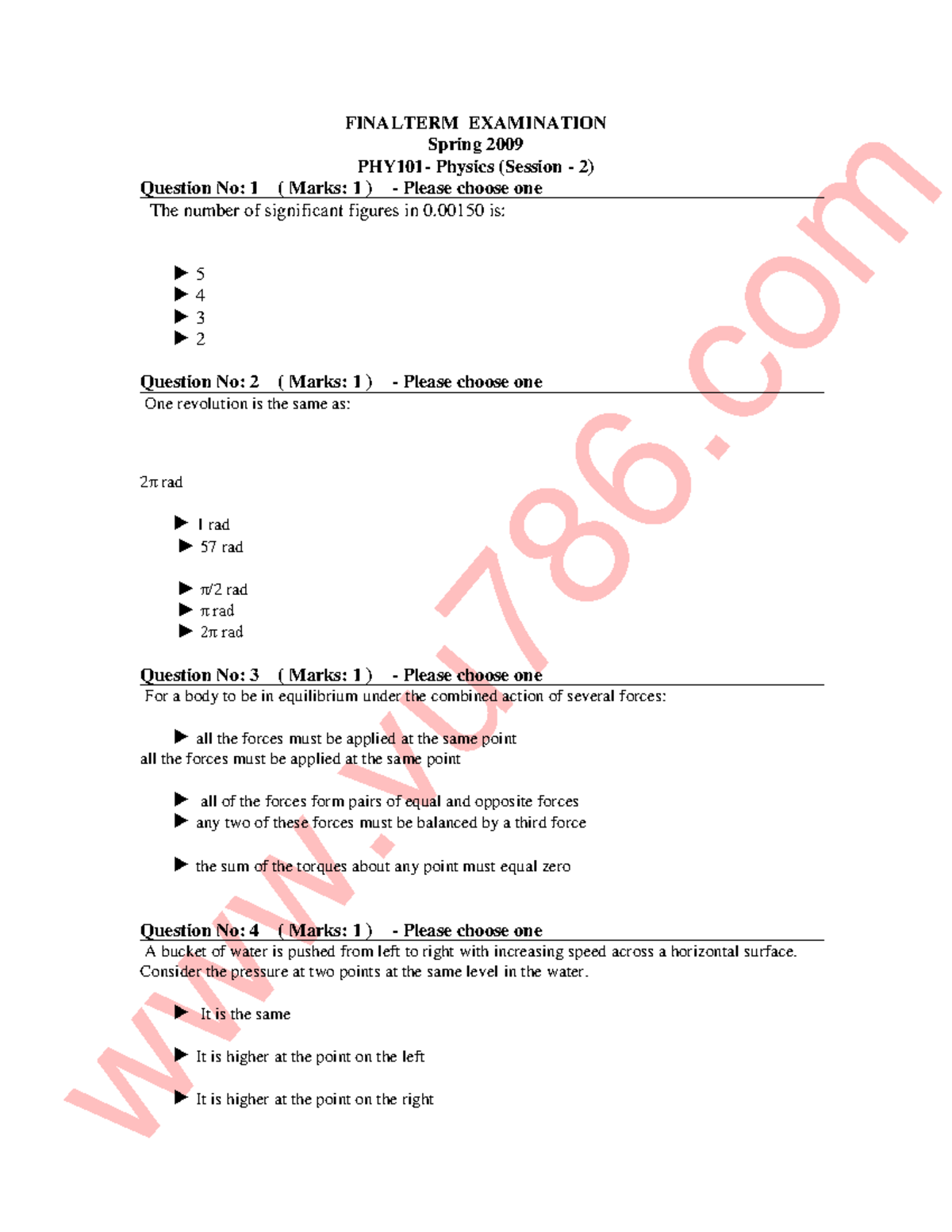 Phy101 Final Term 1 Www - FINALTERM EXAMINATION Spring 2009 PHY101 ...