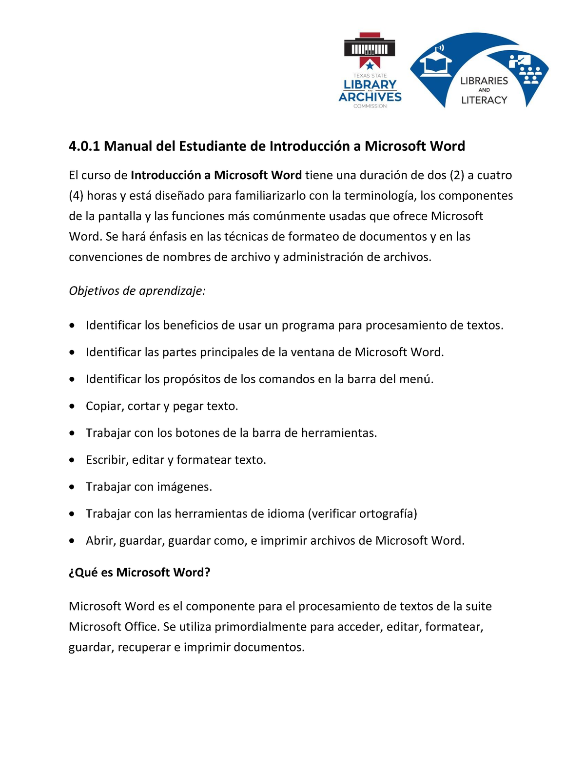 ES 4-0-1 Introduction To Microsoft Word Student Manual - 4.0 Manual Del ...