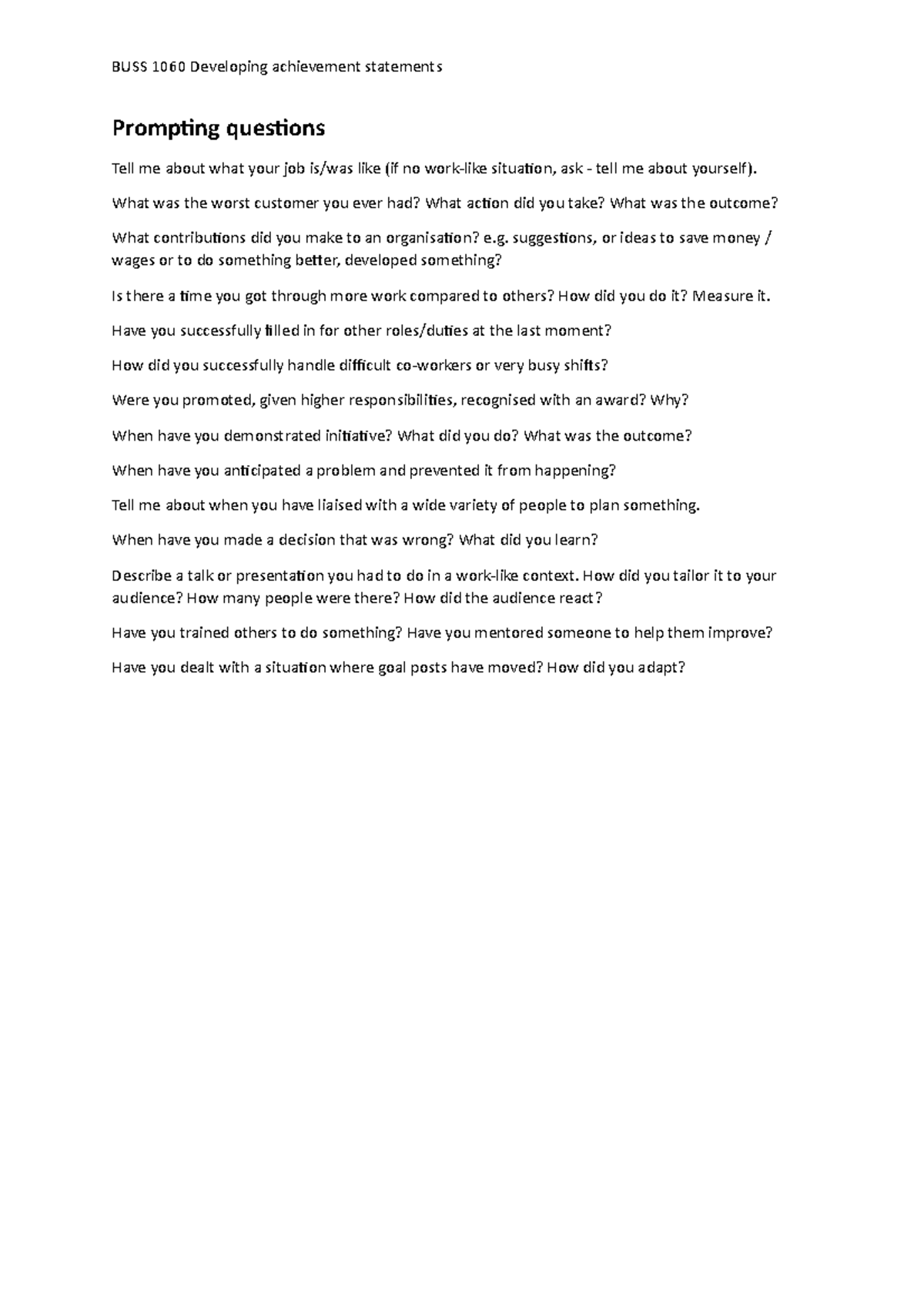 Developing achievement statements - Prompting questions - BUSS 1060 ...