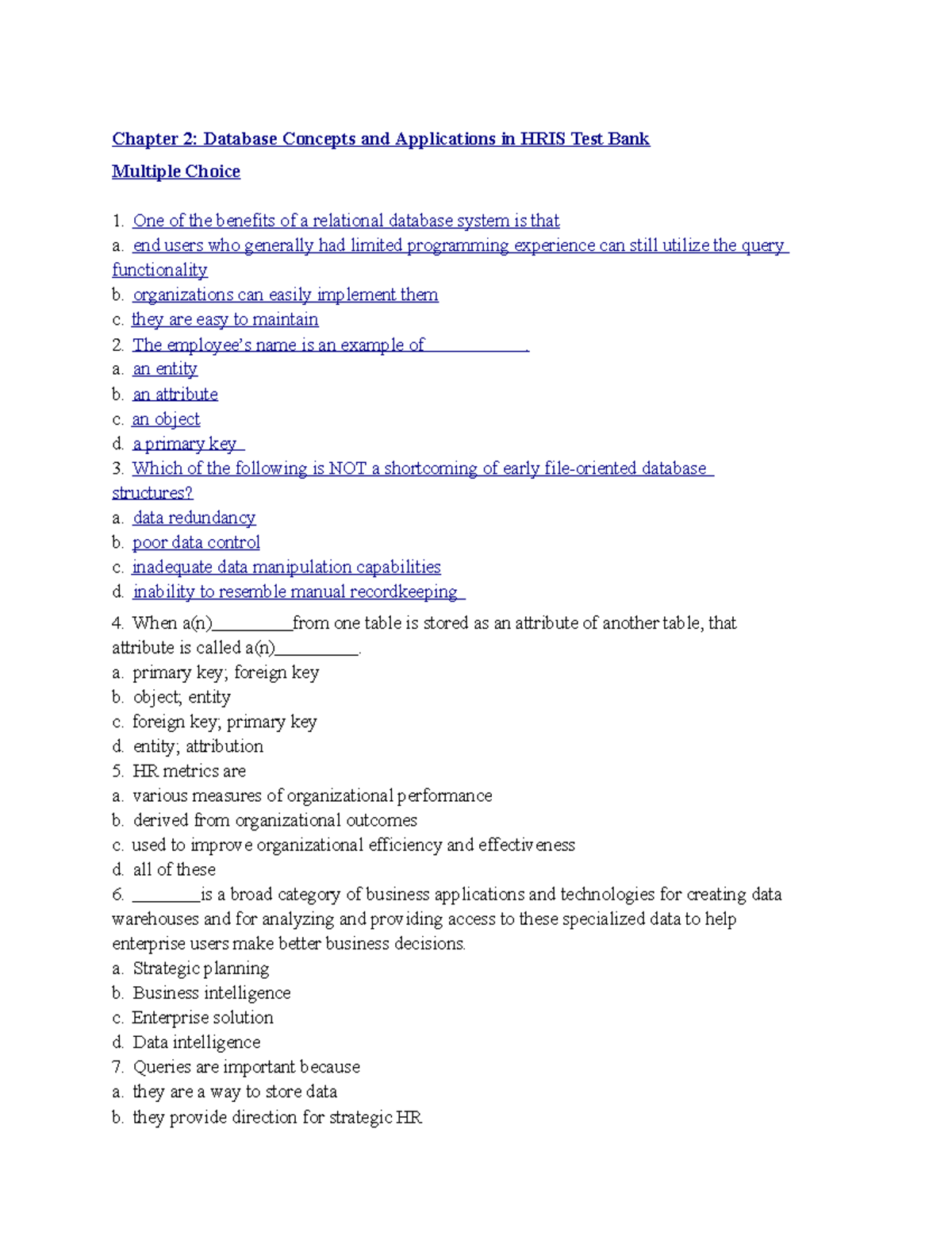 Questions chapter 2 database concepts and applications in hris test