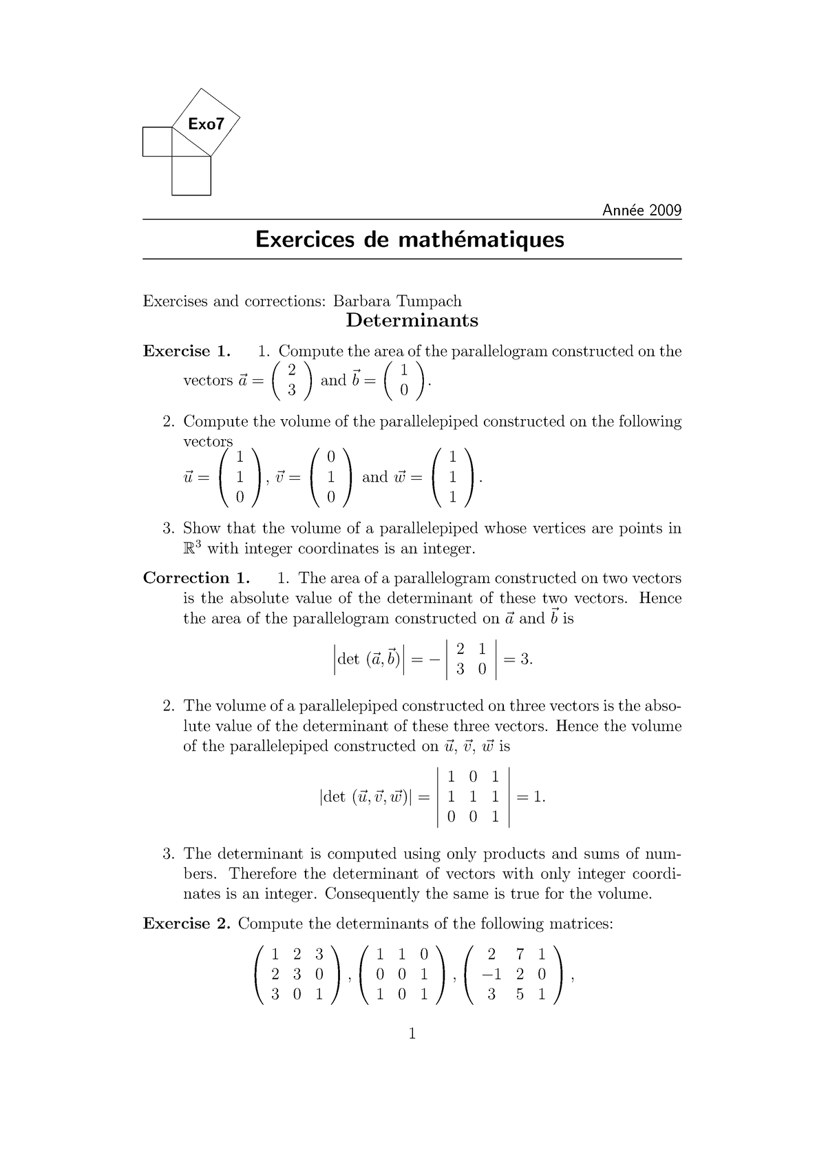 Exercices De Math´ematiques Determinant - Exo Ann ́ee 2009 Exercices De ...