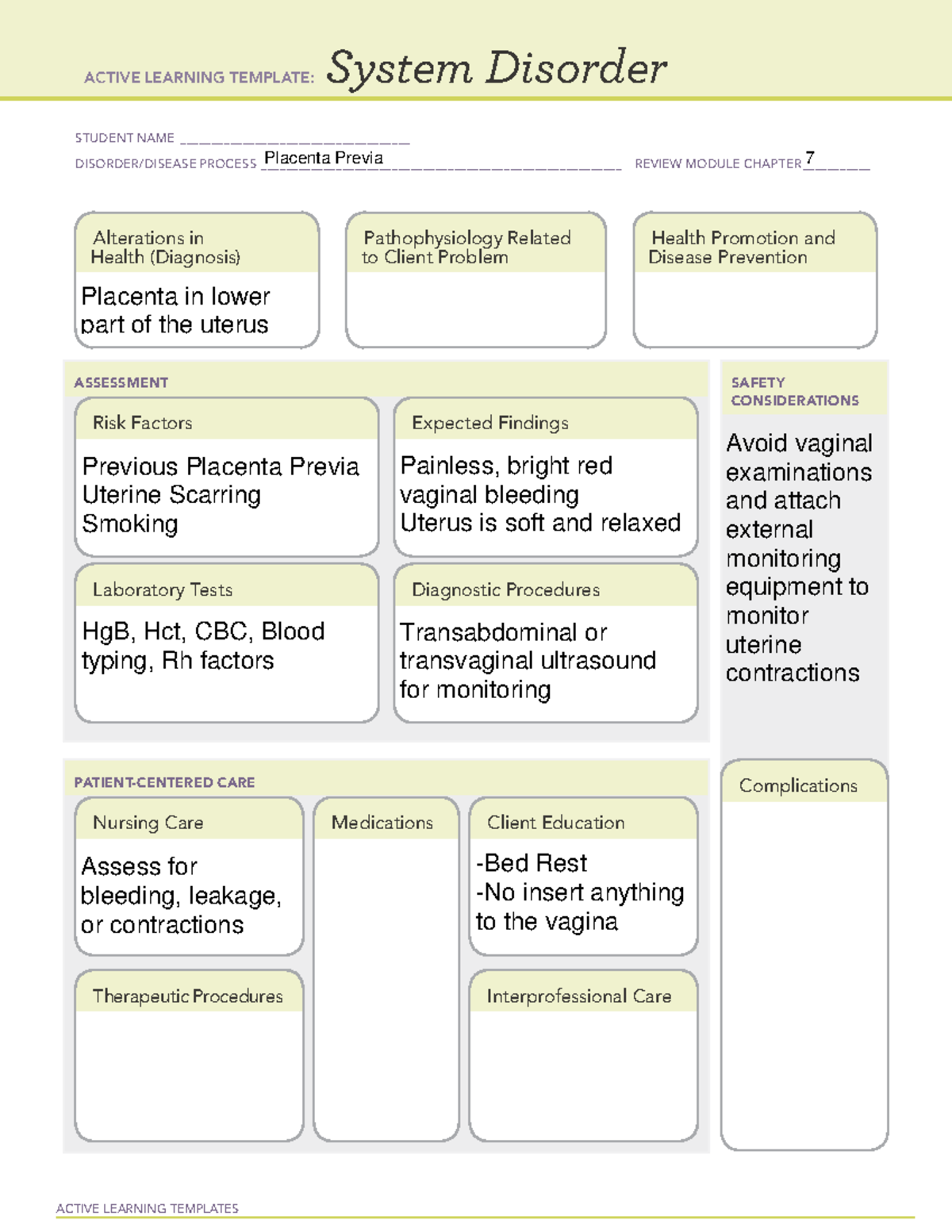 Placenta Previa (Maternal Newborn Assignment) ACTIVE LEARNING