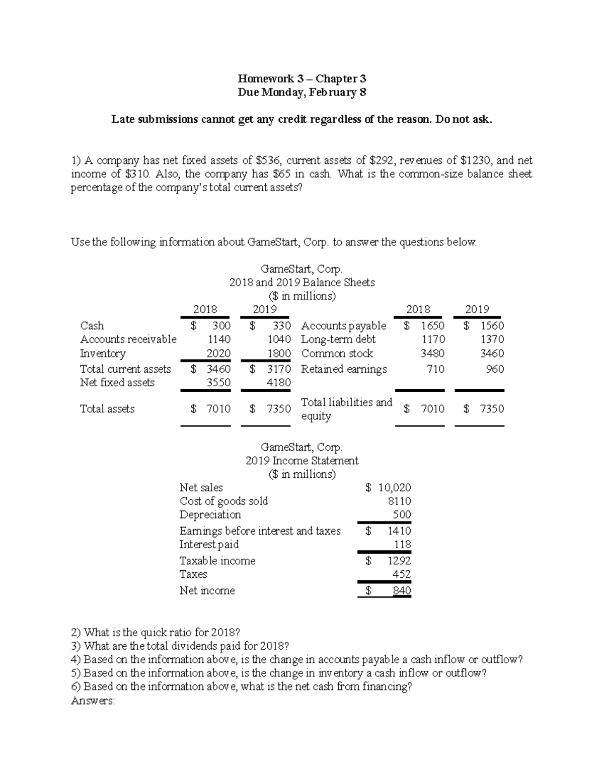 FINA 365 - HW3 - Homework #3 - Homework 3 – Chapter 3 Due Monday ...