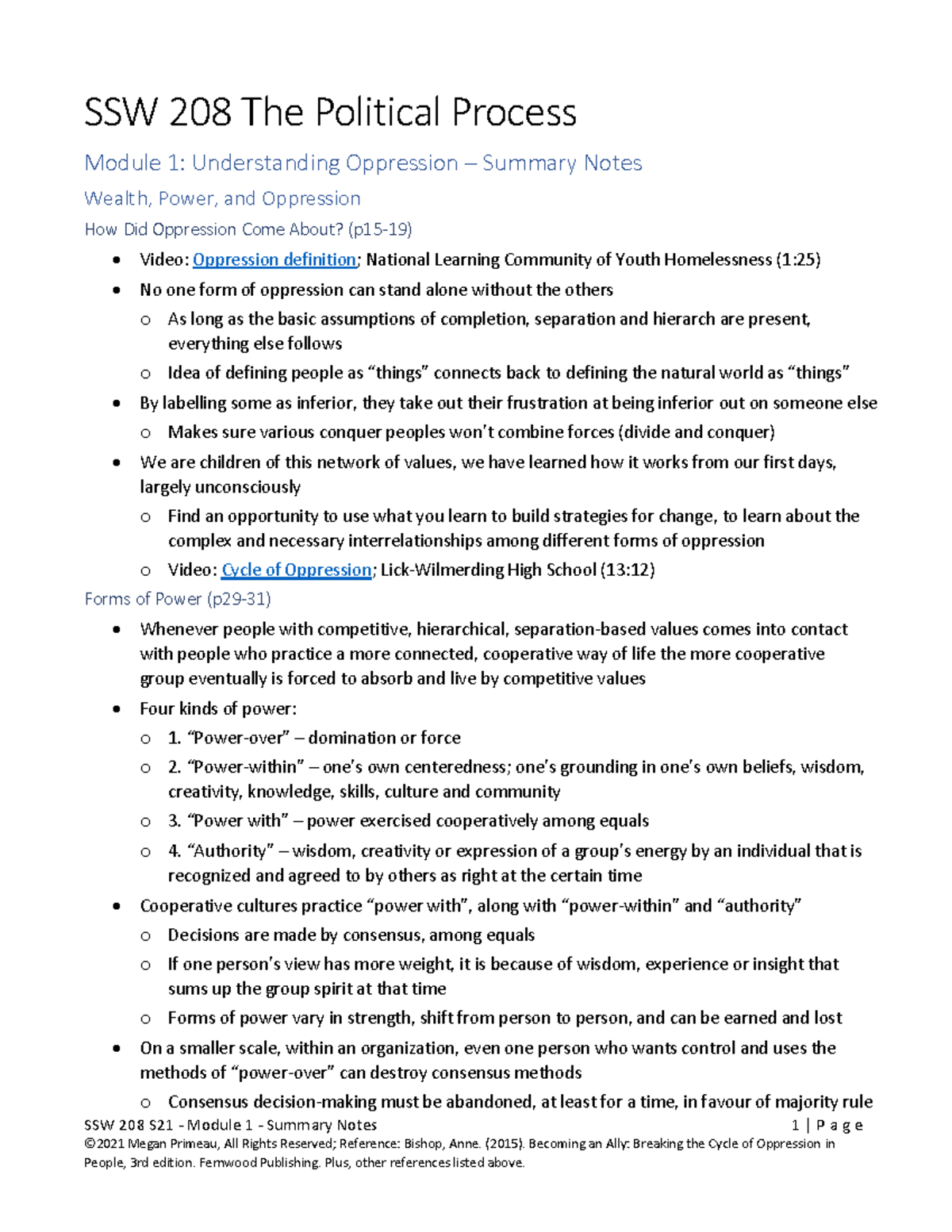 SSW 208 S21 - Module 1 - Summary Notes Becoming an alley - SSW 208 S21 ...