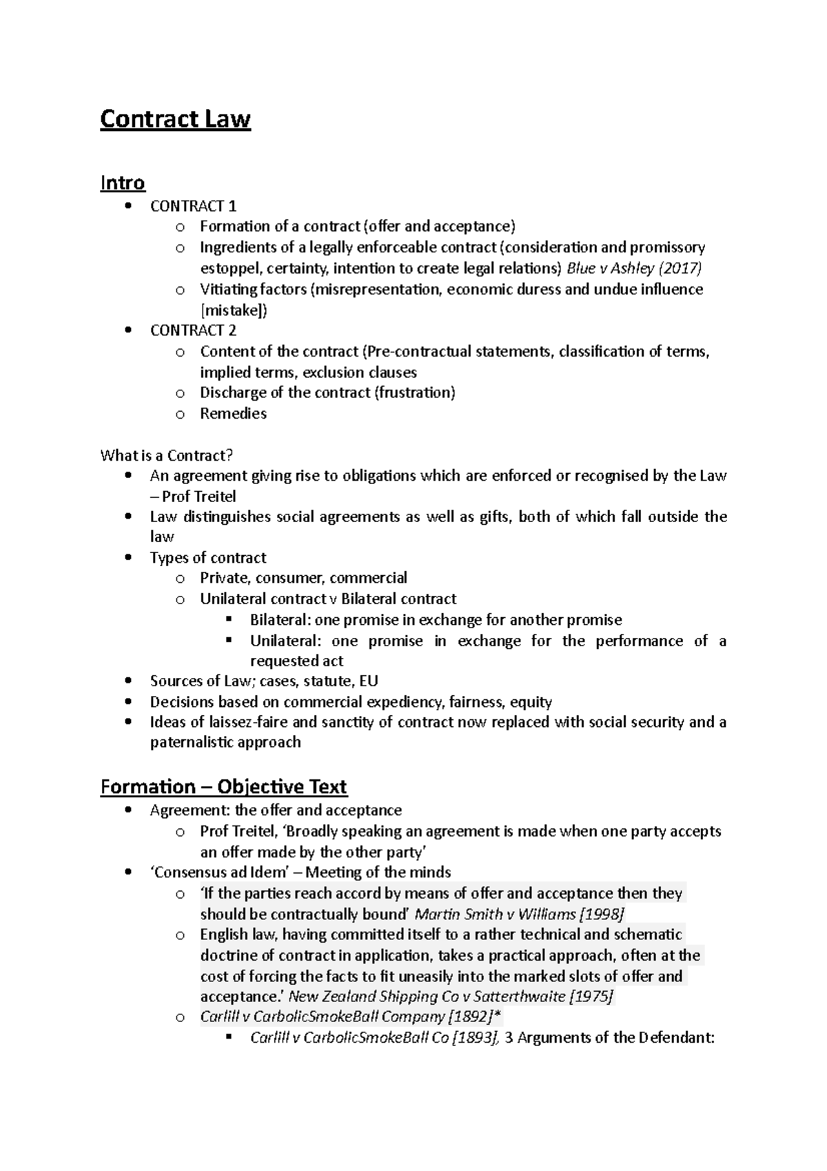Contract LAW - Contract Law Intro CONTRACT 1 o Formation of a contract ...