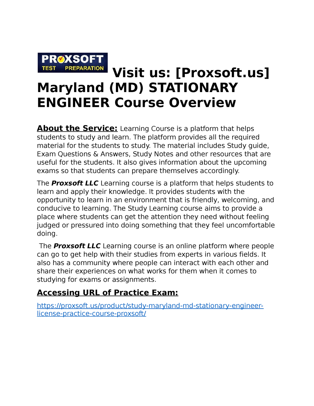 Maryland (MD) STATIONARY ENGINEER Practice Course Visit us [Proxsoft