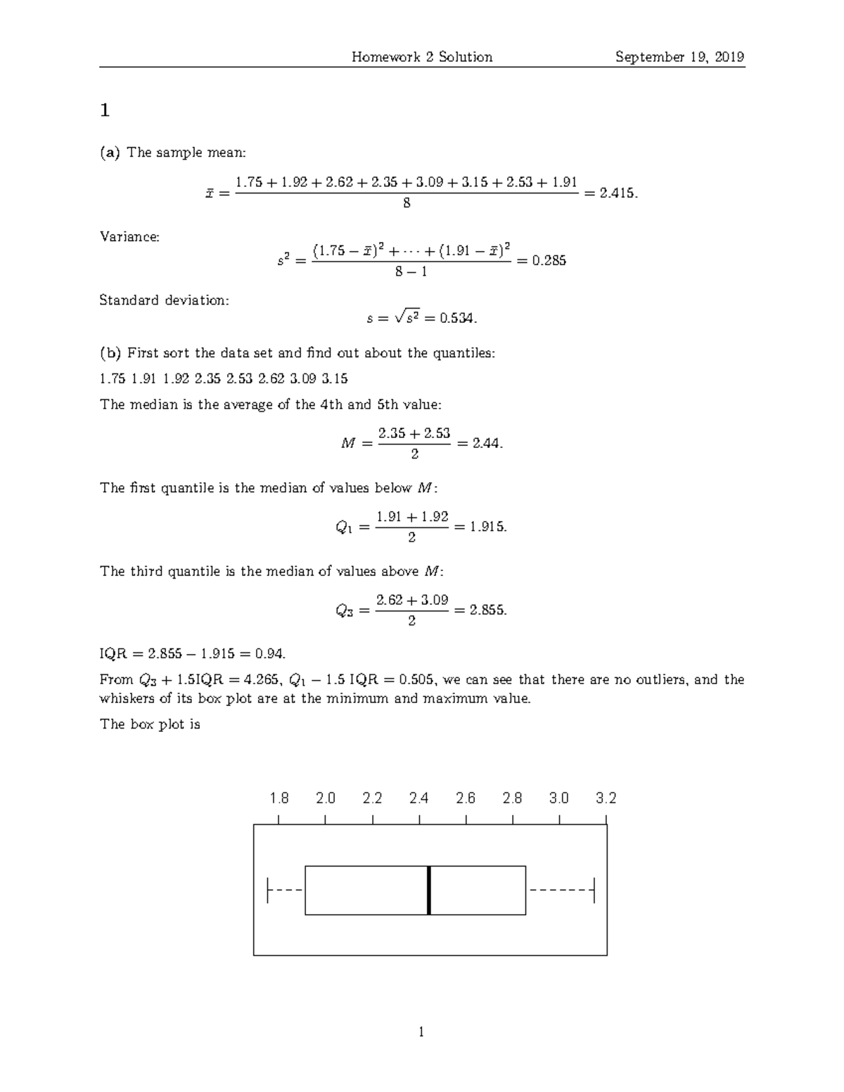 Hw2 solution hw2 1 (a) The sample mean x ̄ = 1 + 1 + 2 + 2 + 3 8 .09 + 3 + 2 + 1. 91 = 2