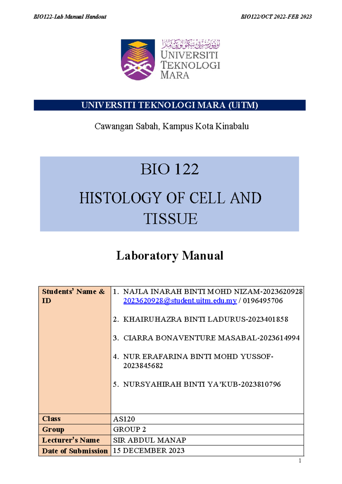 LAB Report BIO 20231 hope it can help Cawangan Sabah, Kampus Kota
