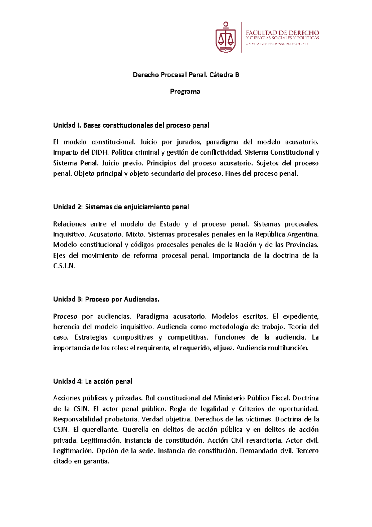 Programa DPP. Cátedra B - Derecho Procesal Penal. Cátedra B Programa ...