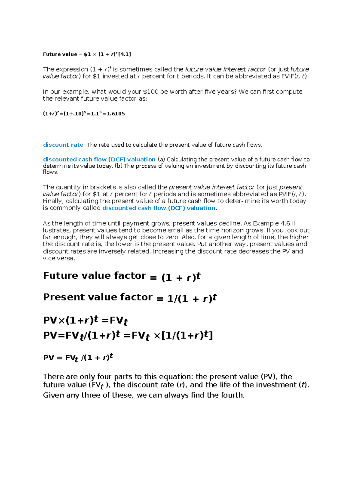 Chapter 4 - Future value = $1 × (1 + r ) t [4] The expression (1 + r ...