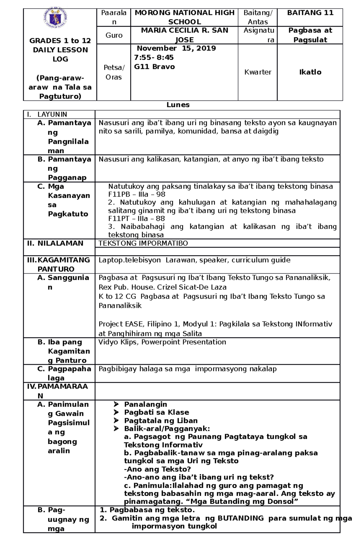 DEMO 1 - DAILY LESSON PLAN - GRADES 1 to 12 DAILY LESSON LOG (Pang-araw ...