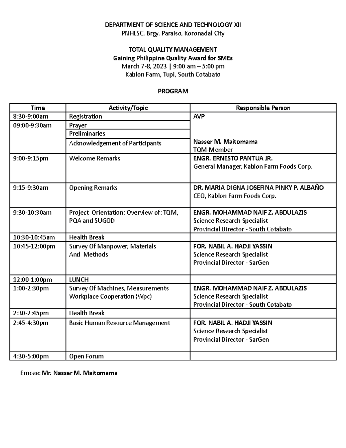 Program TQM Kablon Farms - DEPARTMENT OF SCIENCE AND TECHNOLOGY XII ...