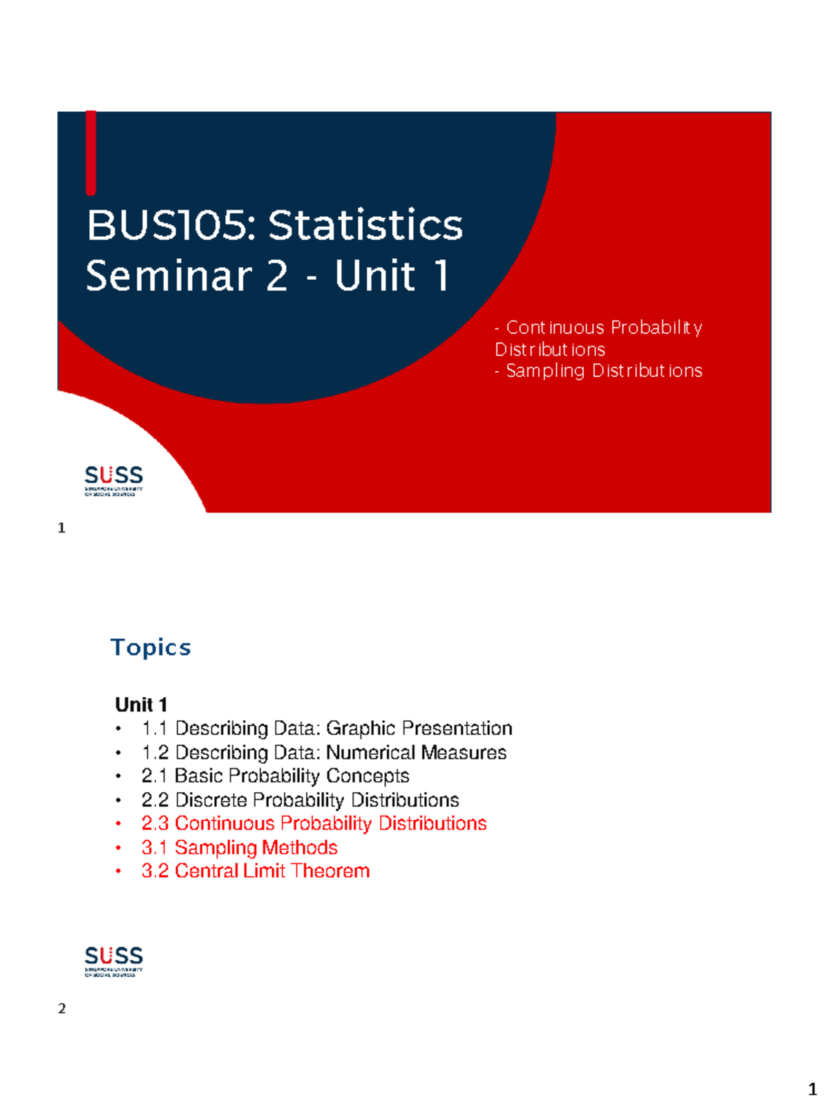 Seminar 2 Tutor Copy SUSS - BUS105: Statistics Seminar 2 - Unit 1 ...