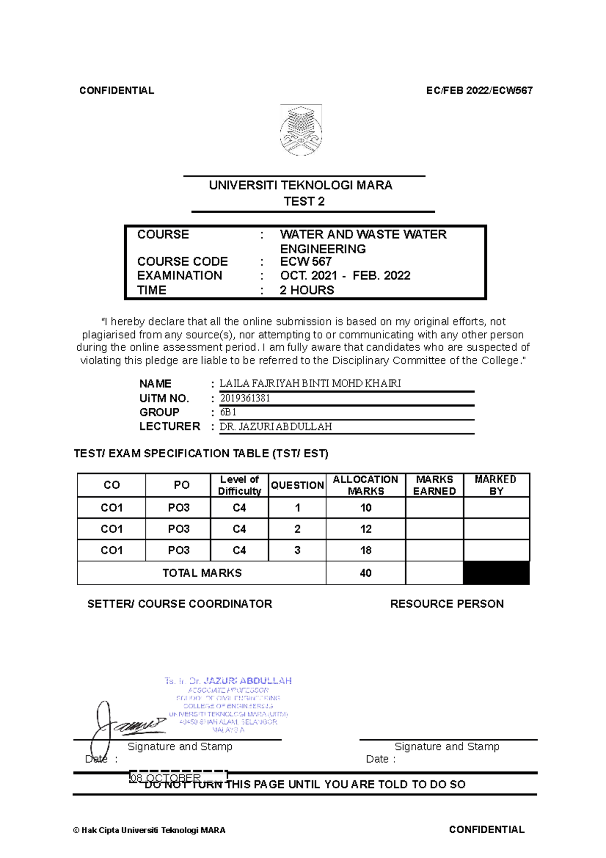 ECW567 TEST 2 OCT 21 FEB 22 - CONFIDENTIAL EC/FEB 2022/ECW © Hak Cipta ...