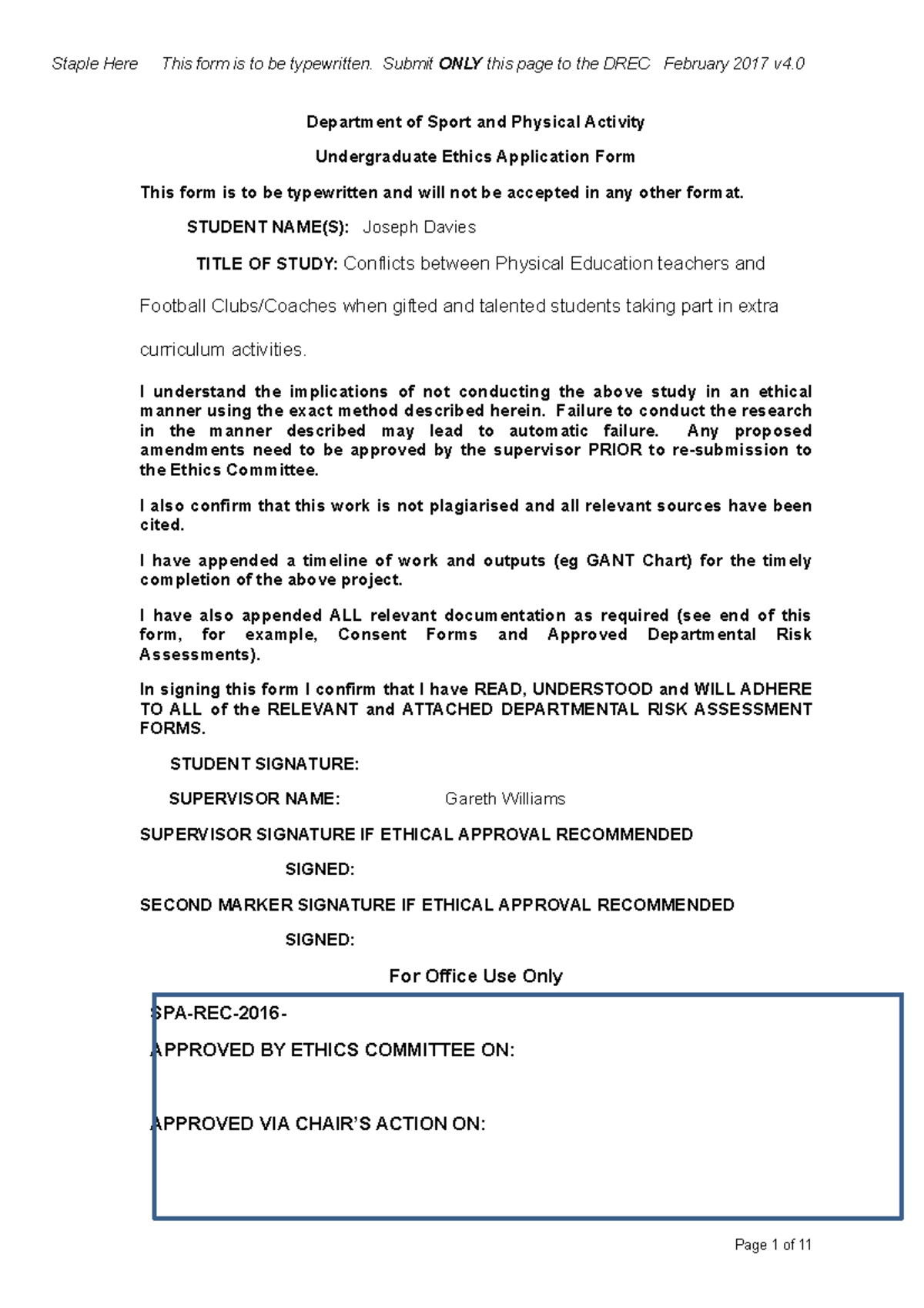 Ethics form - edge hill - Staple Here This form is to be typewritten ...