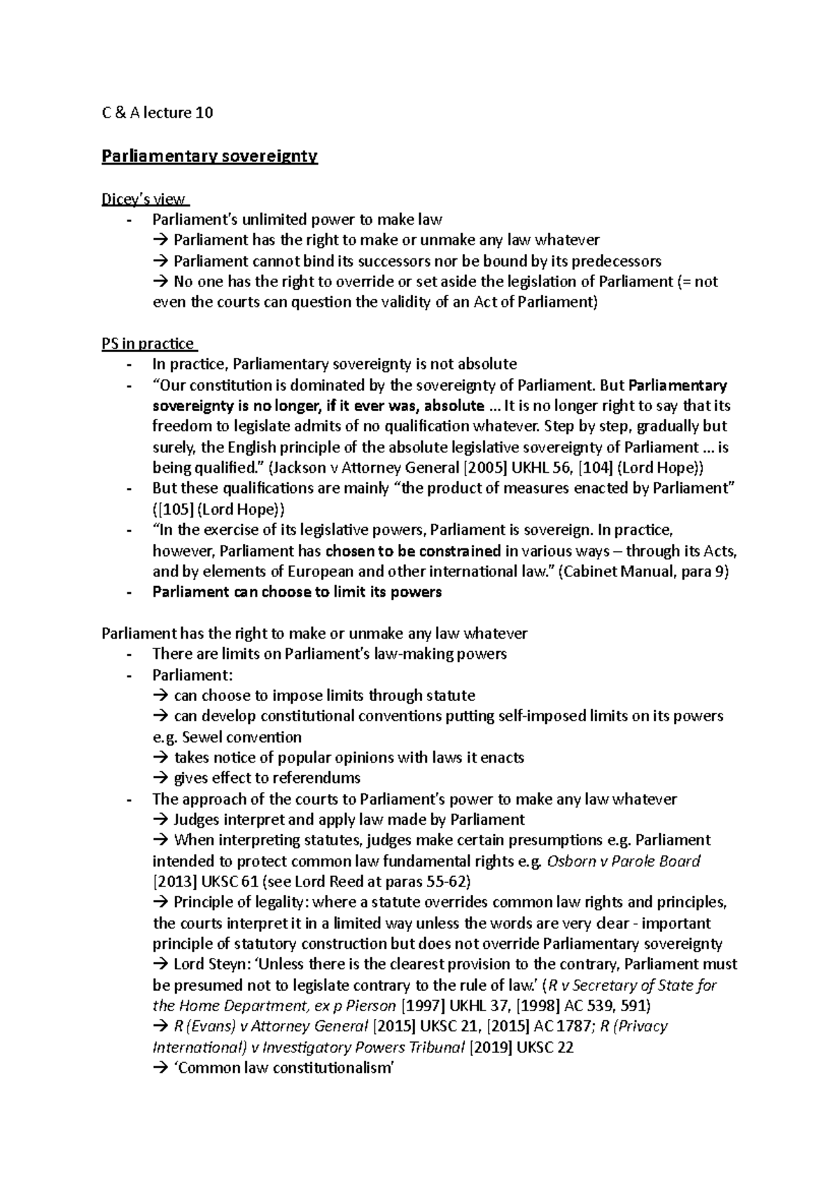 C & A lecture 11 C & A lecture 10 Parliamentary sovereignty Dicey’s