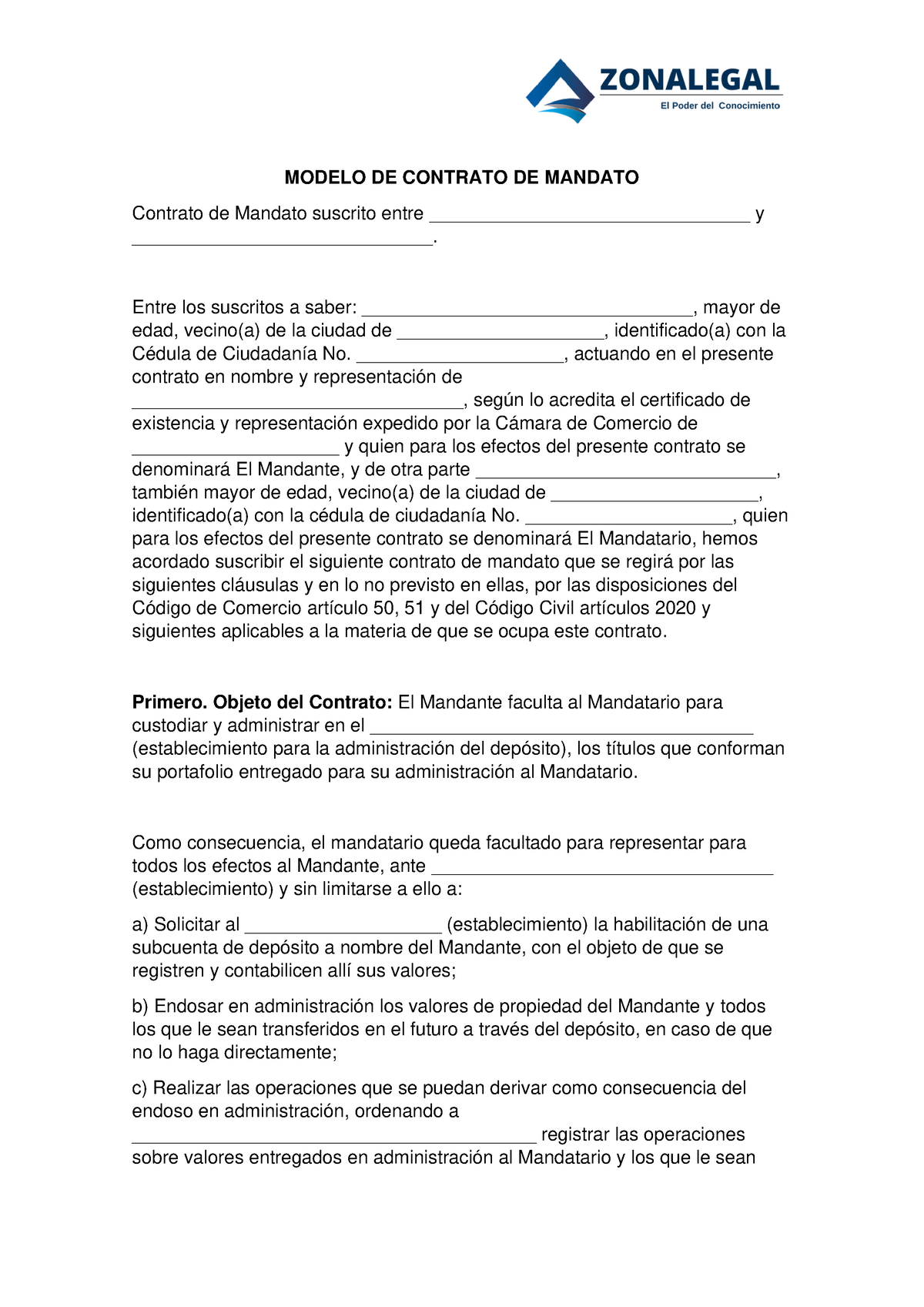 Modelo DE Contrato DE Mandato - MODELO DE CONTRATO DE MANDATO Contrato de  Mandato suscrito entre - Studocu