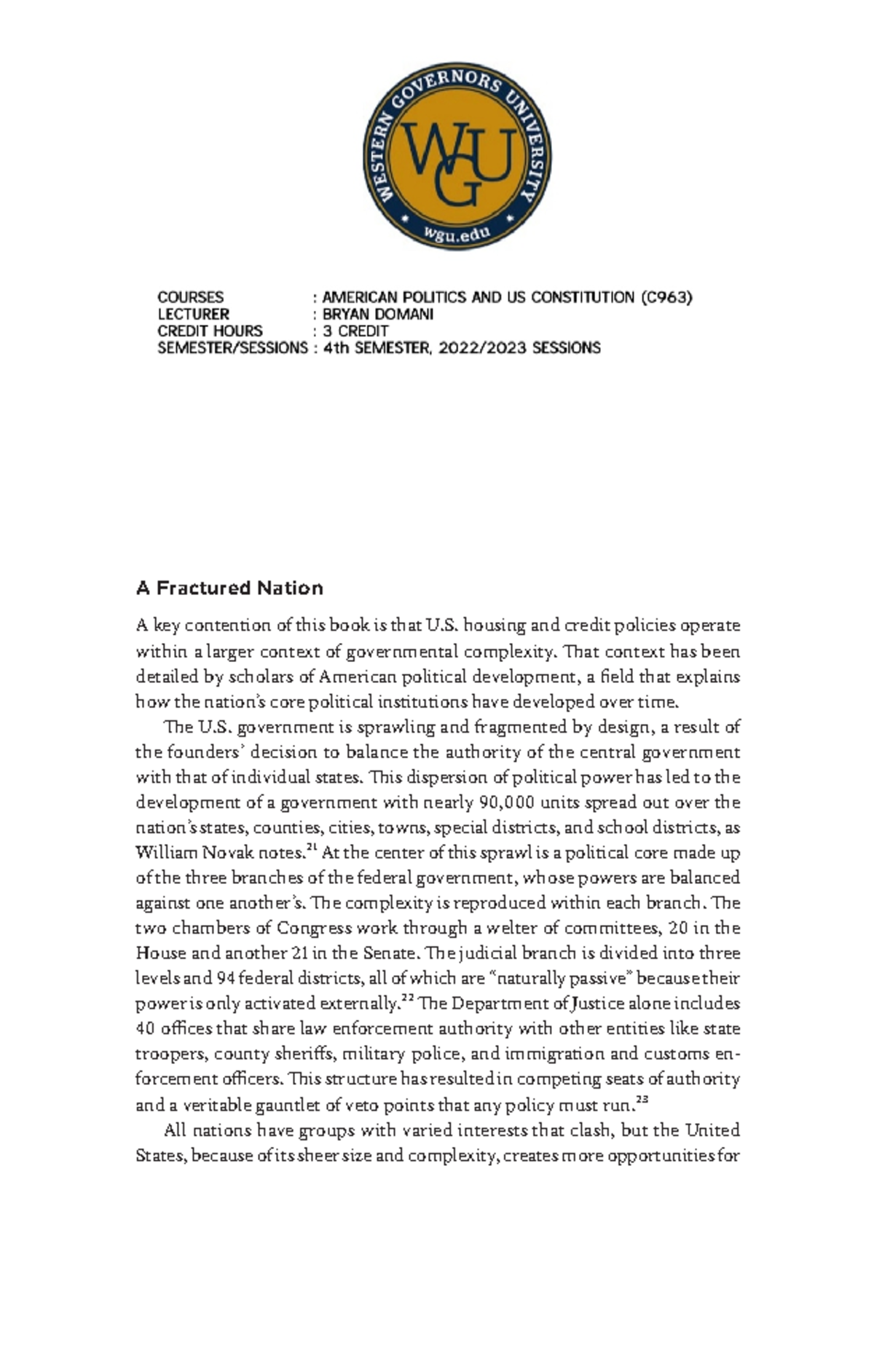 C963- Western Governor University- American Politics AND US ...