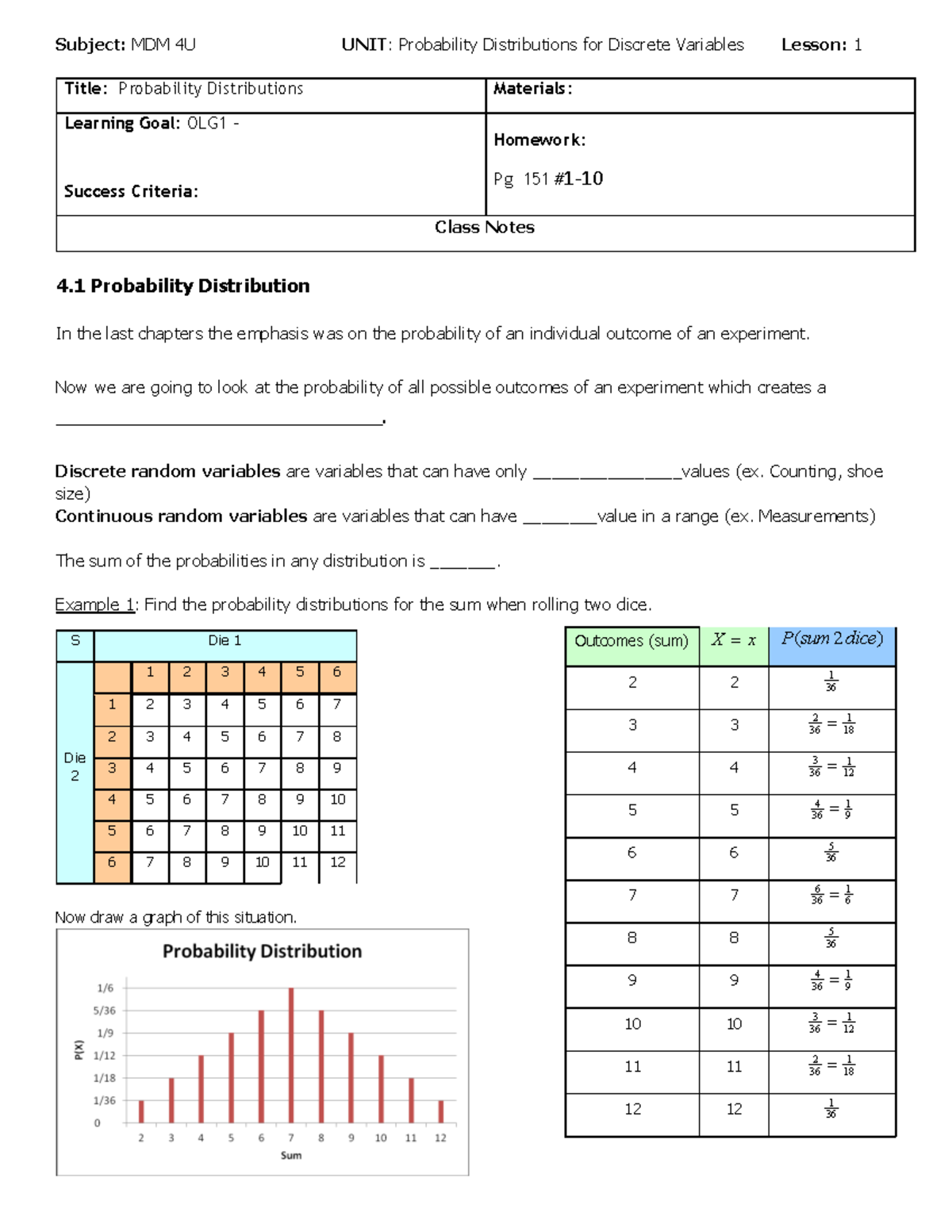 4.1C Probability Distributions Lesson Completed - Subject: MDM 4U UNIT ...