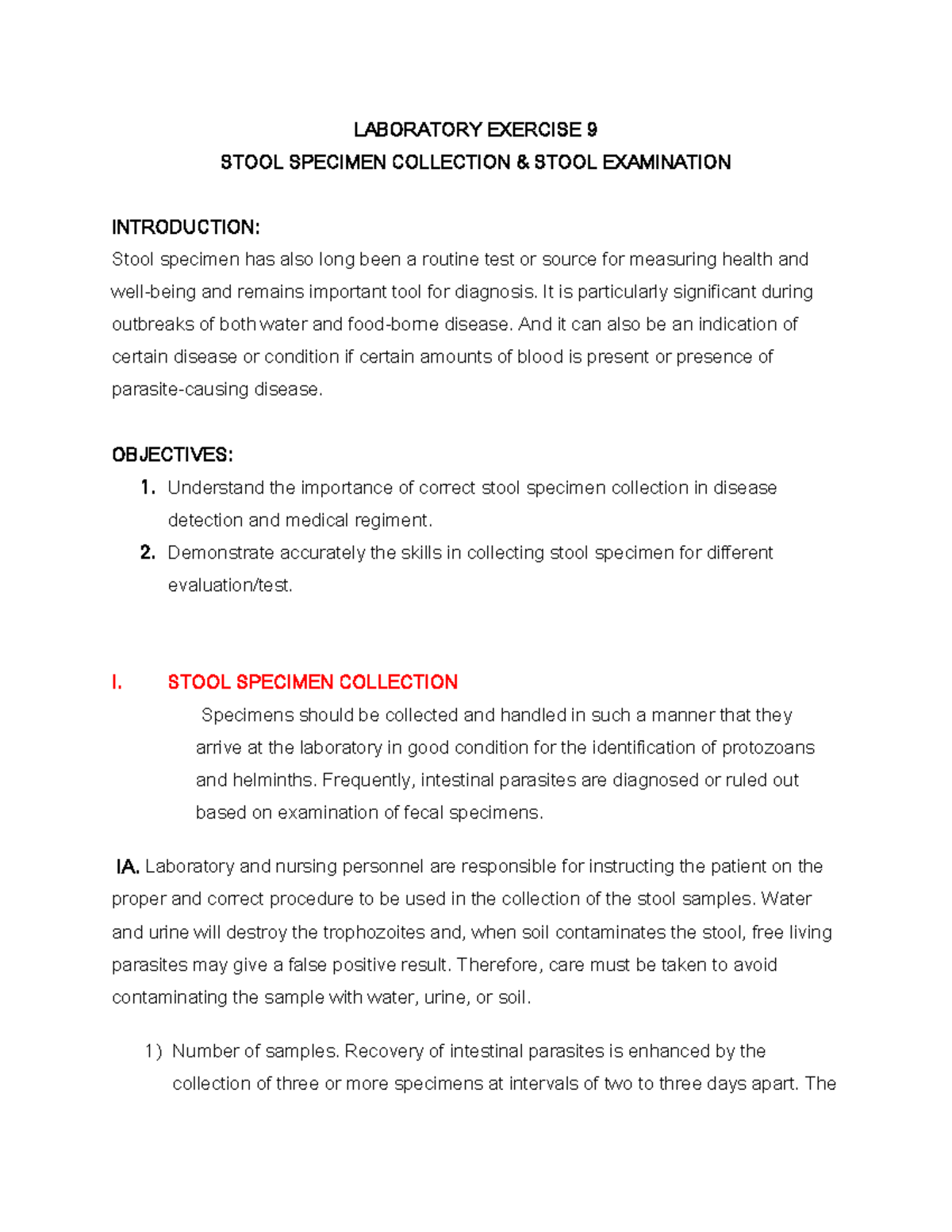 Laboratory Exercise 9 intro - LABORATORY EXERCISE 9 STOOL SPECIMEN ...