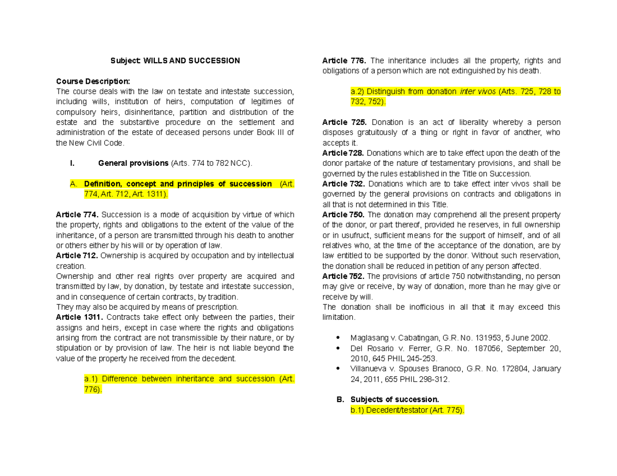 SuccessionOutline1 Subject WILLS AND SUCCESSION Course Description