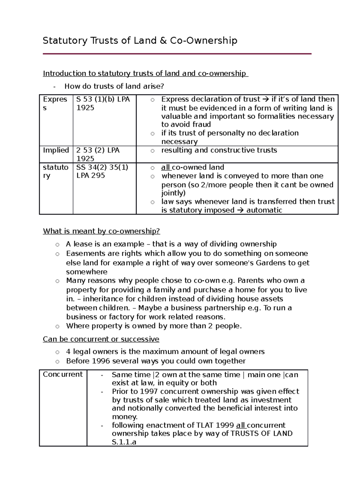 Lecture notes, lecture 'statutory trusts of land & co-ownership ...