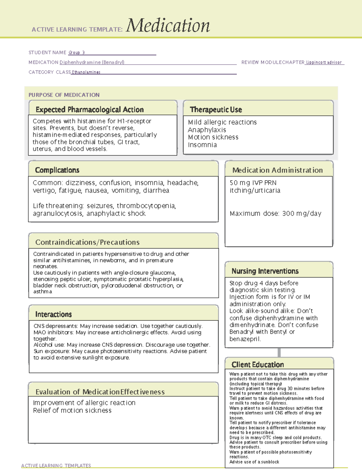 MS II SIM Day 4 ATI Med form Benadryl Group 3 - ACTIVE LEARNING ...