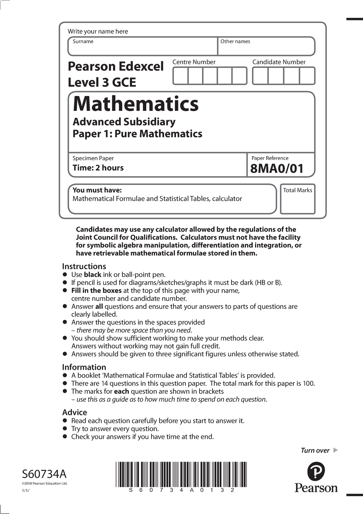 Specimen Pure - Centre Number Candidate Number Write your name here ...