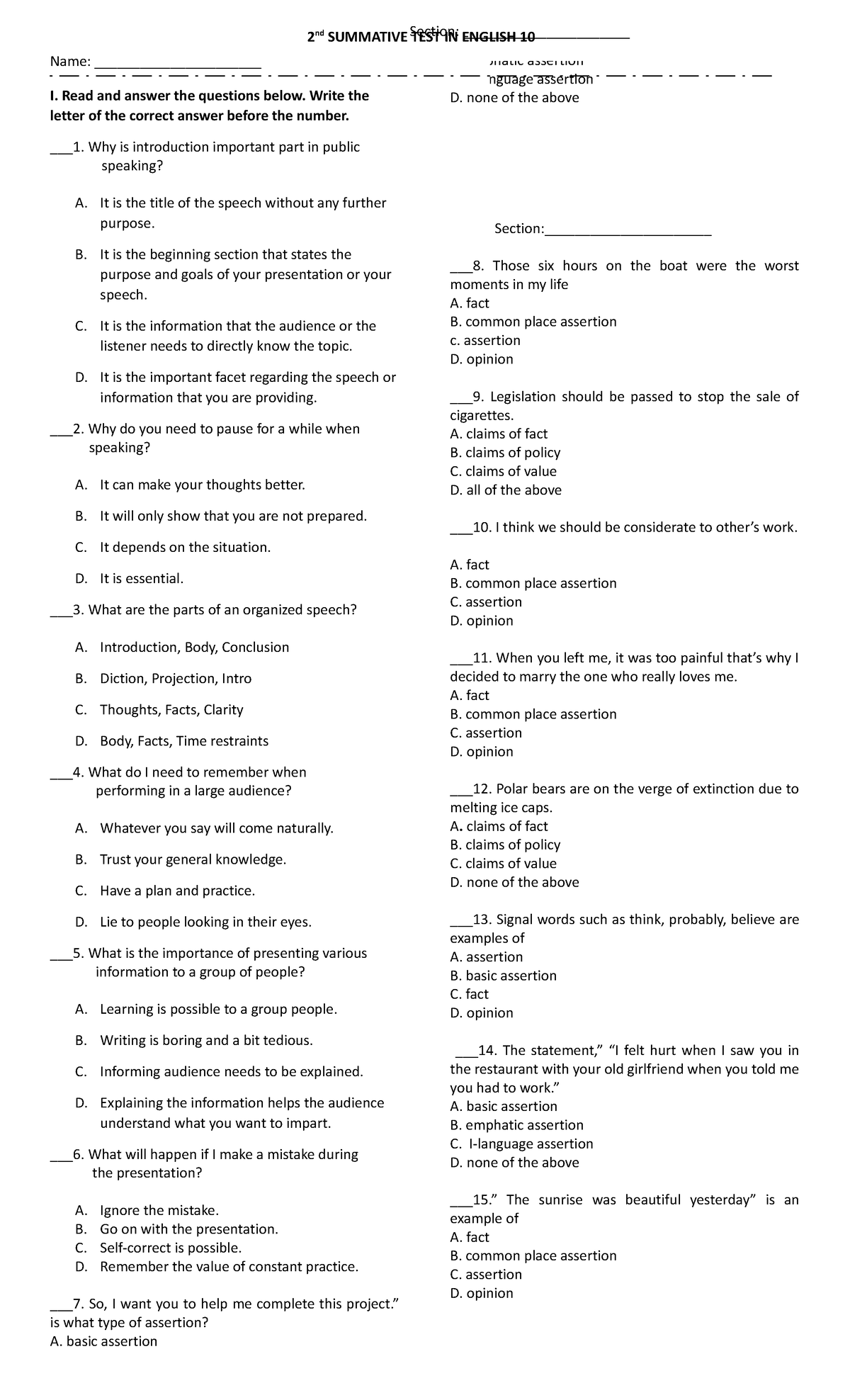 Summative-TEST-2nd- Final - I. Read and answer the questions below ...