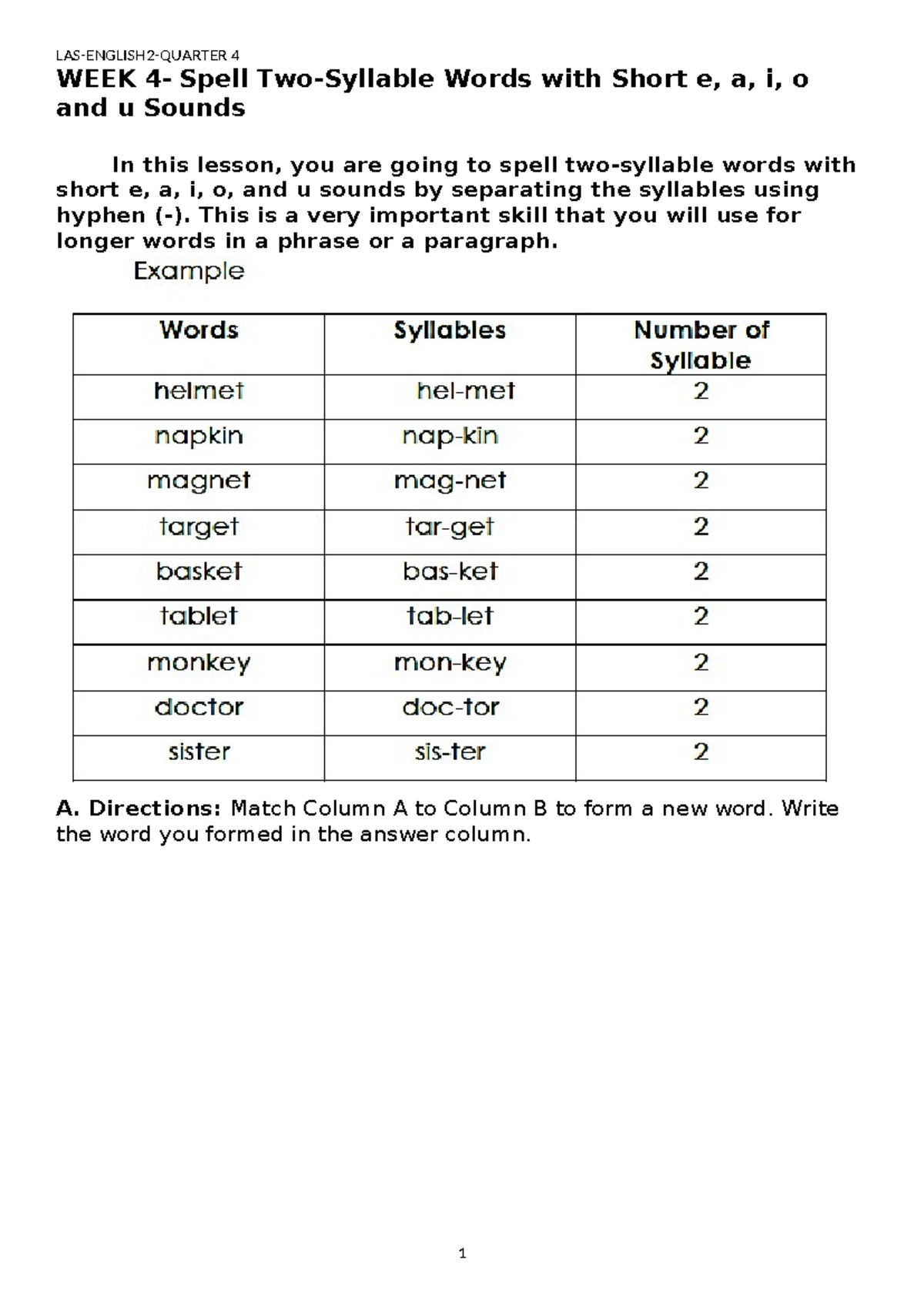 Las English Q4 Week 4 Learning Activity Sheet Week 4 Spell Two Syllable Words With Short E 0809