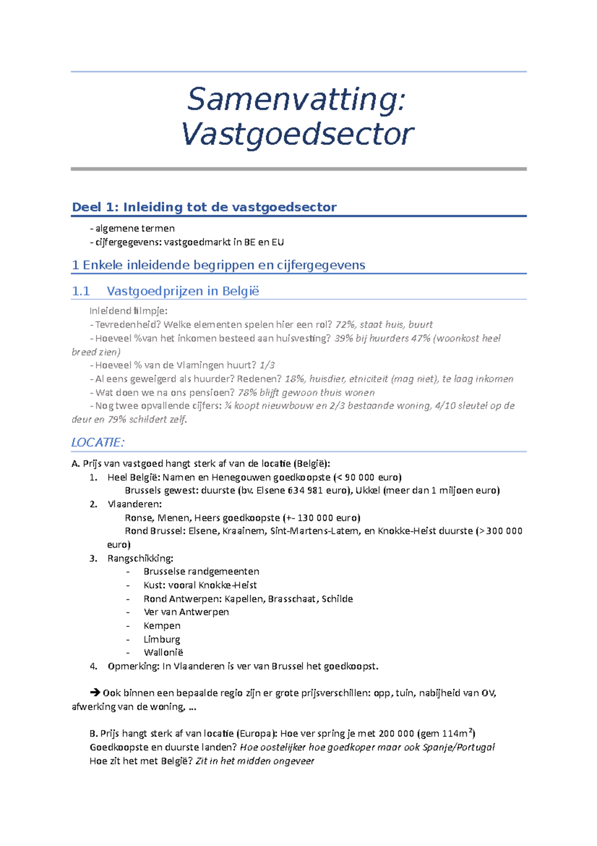 Samenvatting Vastgoedsector (FVE1) - Samenvatting: Vastgoedsector Deel ...