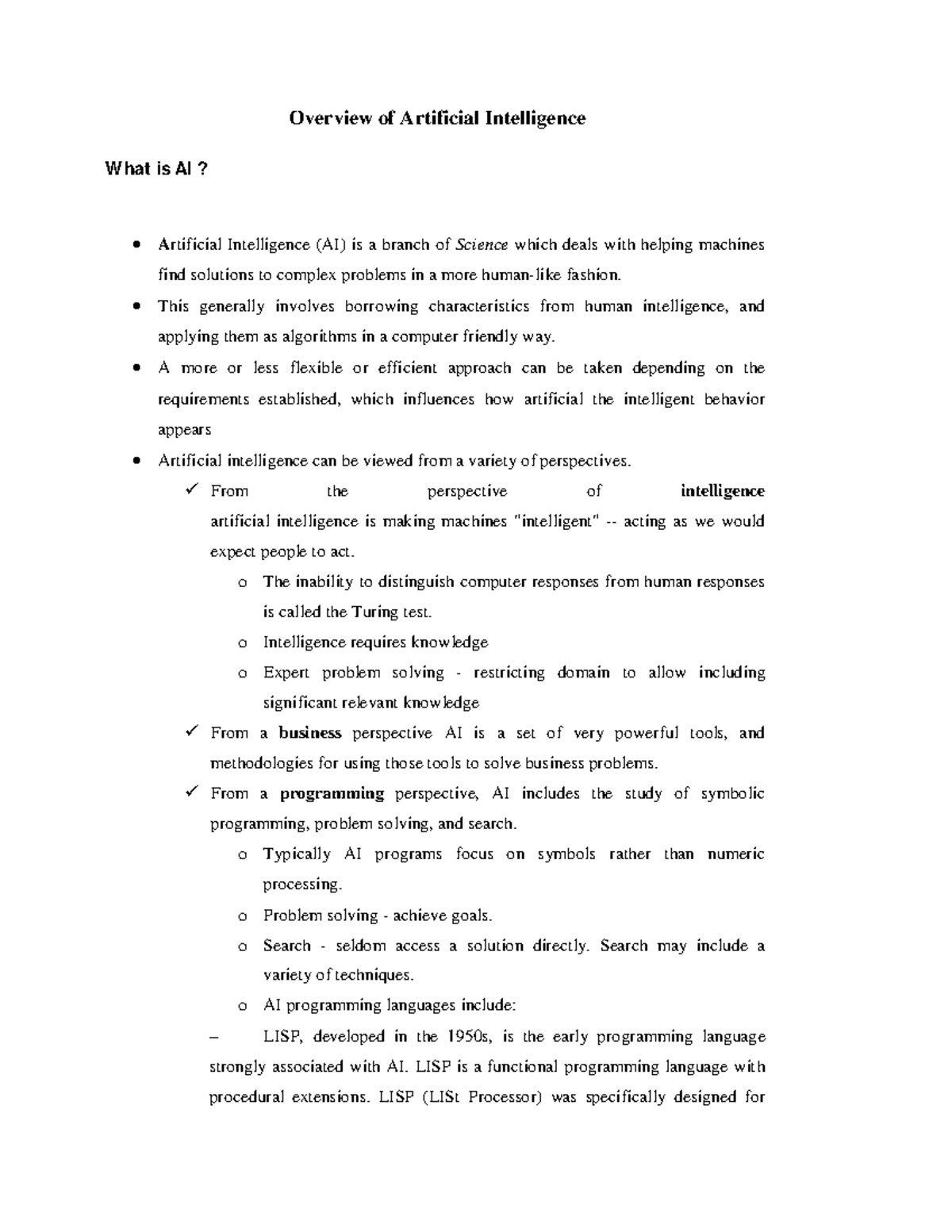 Ai notes-1 - NOTES - Overview of Artificial Intelligence W hat is AI ...