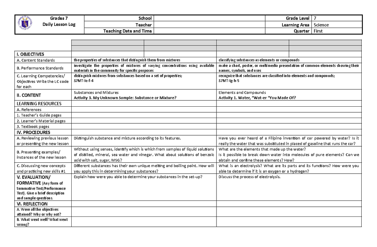 01f3978c1db70c8a2f539a550f1d0e56 - Grades 7 Daily Lesson Log School ...