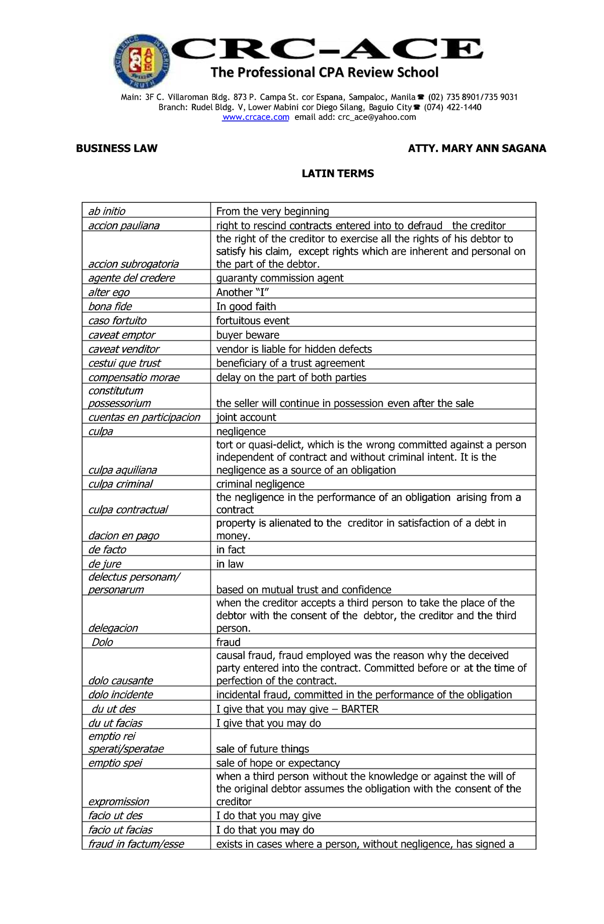 Crcacelatinterms - Practice Materials for TOA and P1 - BUSINESSBUSINESS ...