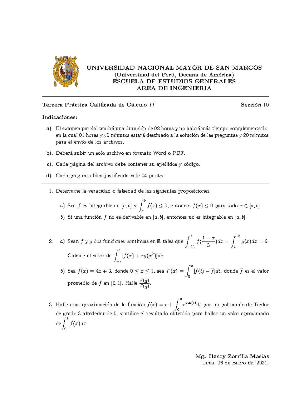 Tercera Practica Calificada Calculo 2 UNMSM - UNIVERSIDAD NACIONAL ...